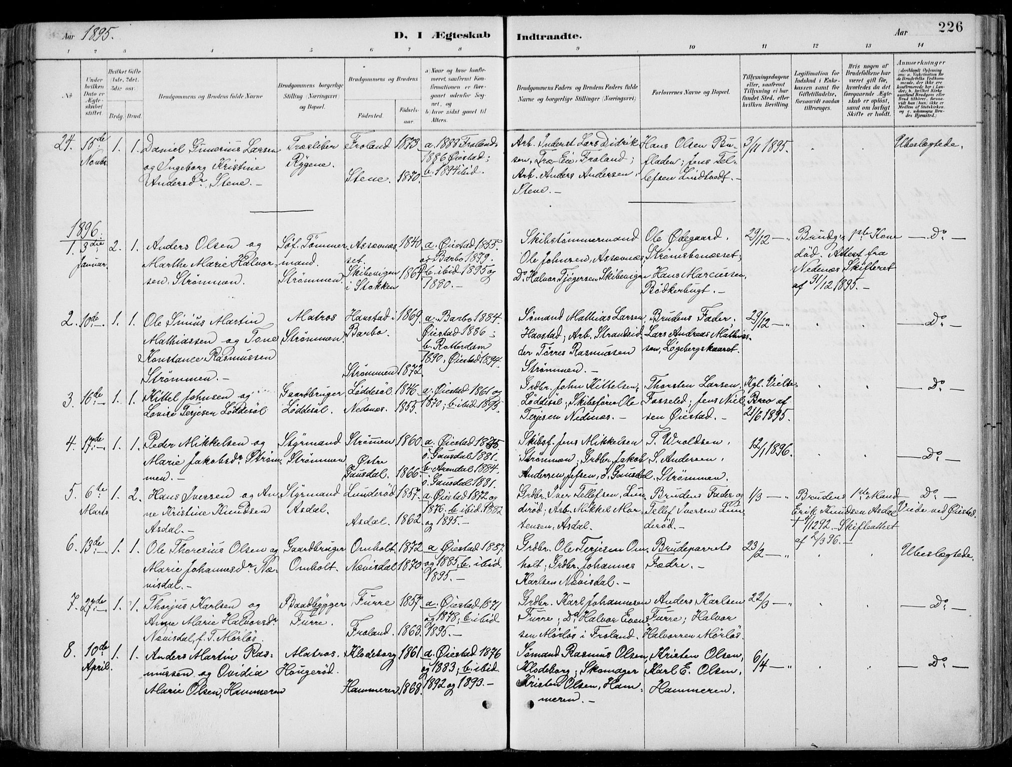 Øyestad sokneprestkontor, SAK/1111-0049/F/Fa/L0017: Parish register (official) no. A 17, 1887-1896, p. 226