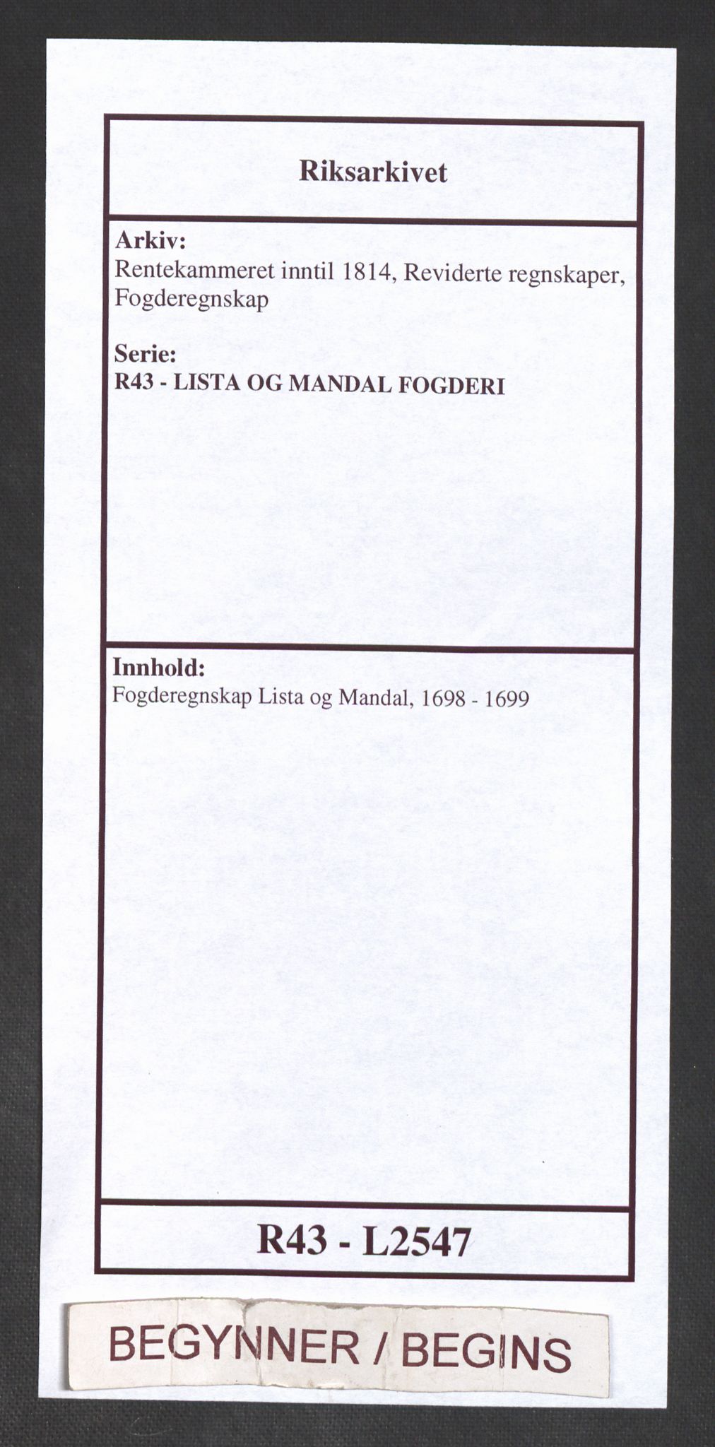 Rentekammeret inntil 1814, Reviderte regnskaper, Fogderegnskap, AV/RA-EA-4092/R43/L2547: Fogderegnskap Lista og Mandal, 1698-1699, p. 1