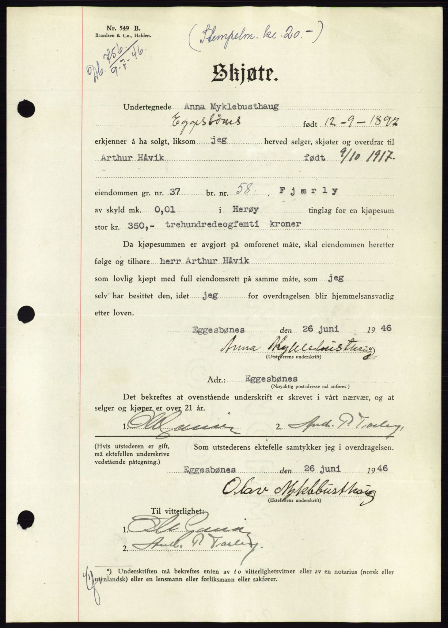 Søre Sunnmøre sorenskriveri, AV/SAT-A-4122/1/2/2C/L0078: Mortgage book no. 4A, 1946-1946, Diary no: : 756/1946