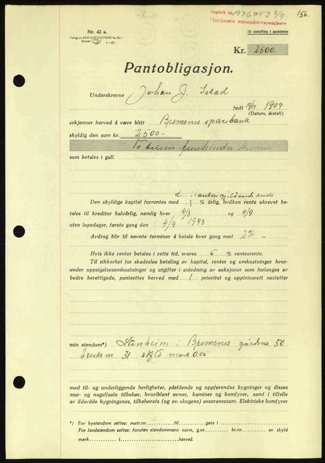 Nordmøre sorenskriveri, AV/SAT-A-4132/1/2/2Ca: Mortgage book no. B91, 1943-1944, Diary no: : 1976/1943