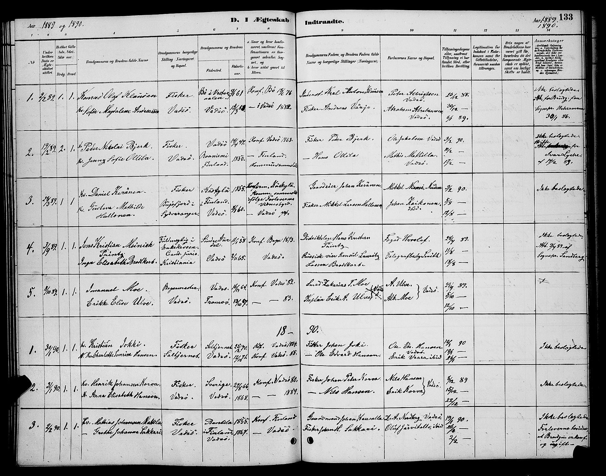Vadsø sokneprestkontor, SATØ/S-1325/H/Hb/L0004klokker: Parish register (copy) no. 4, 1885-1895, p. 133