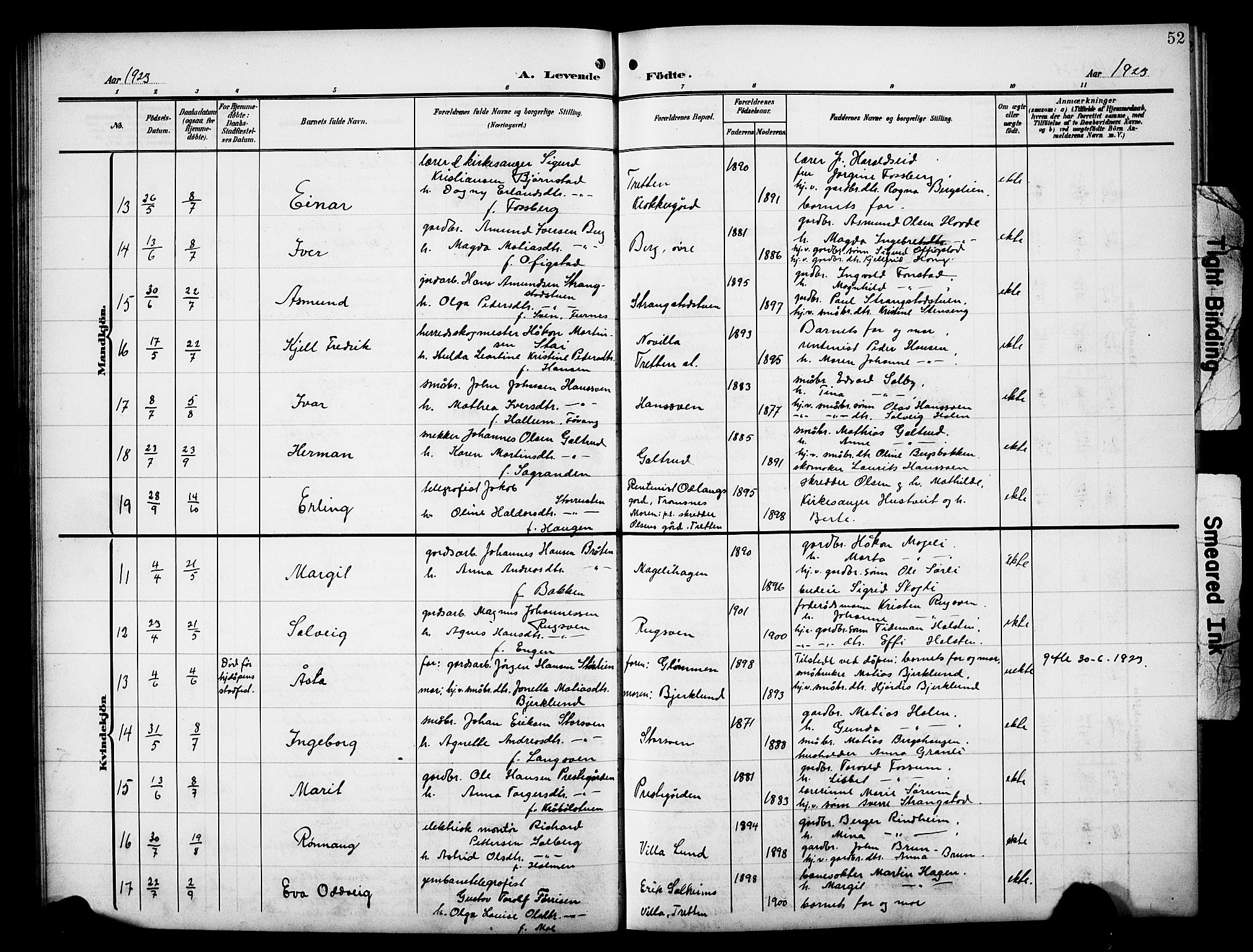 Øyer prestekontor, SAH/PREST-084/H/Ha/Hab/L0006: Parish register (copy) no. 6, 1906-1929, p. 52