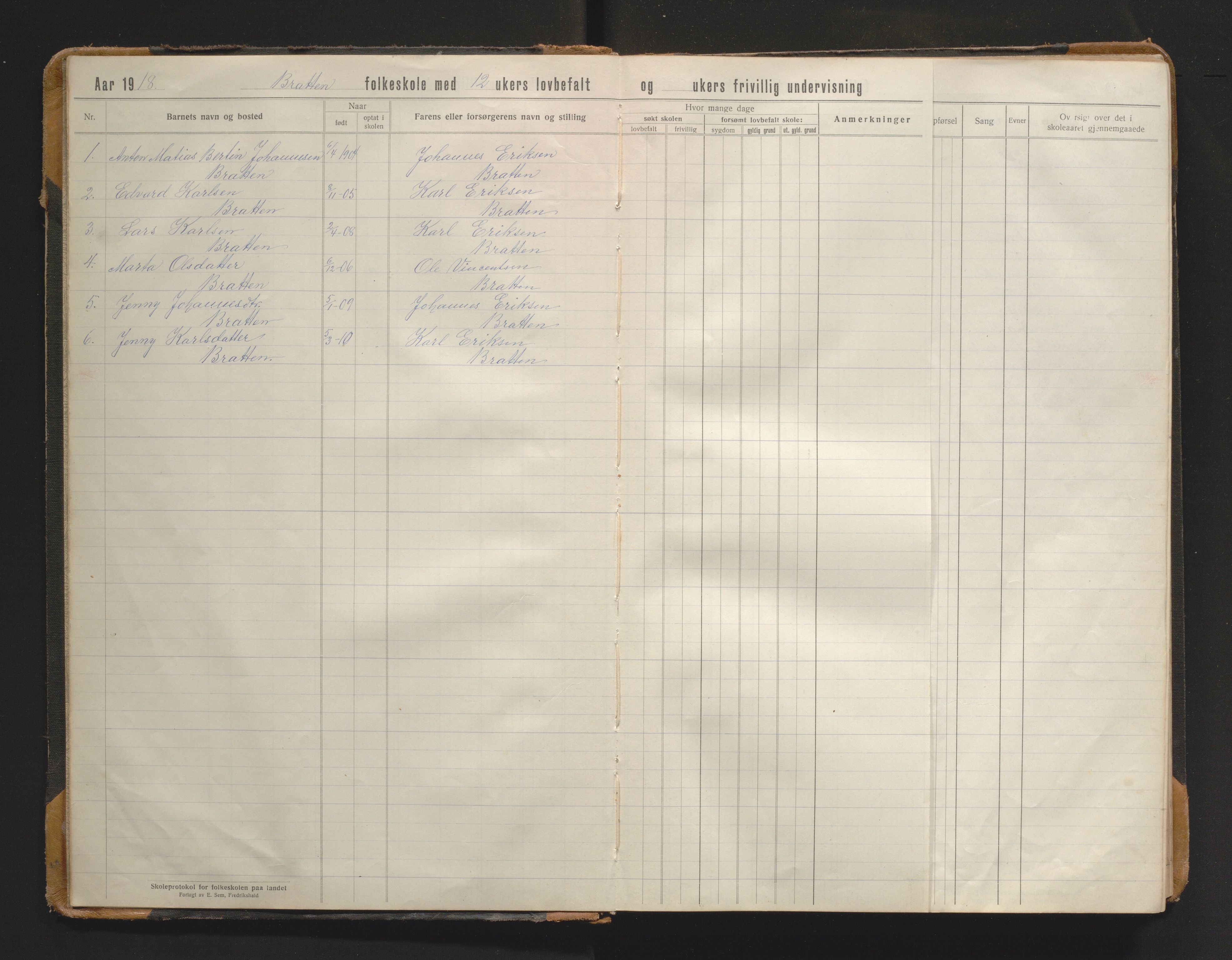 Austevoll kommune. Barneskulane, IKAH/1244-231/F/Fa/L0002: Skuleprotokoll for Bratten skule, 1916-1965