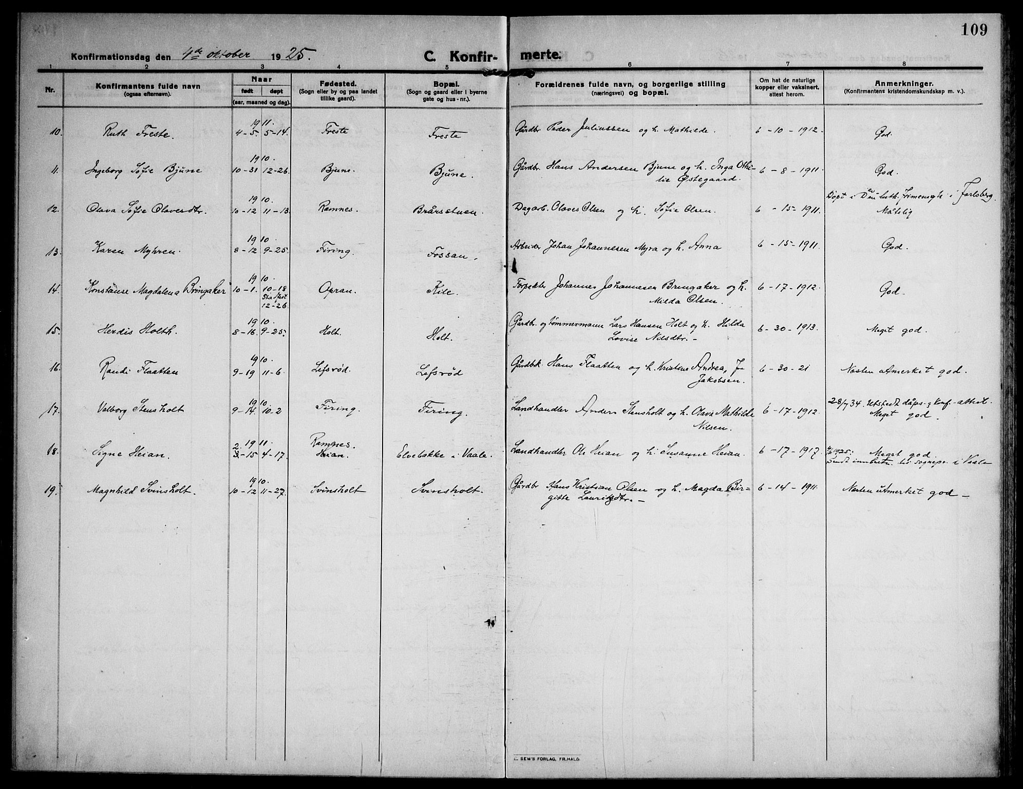 Ramnes kirkebøker, AV/SAKO-A-314/F/Fa/L0009: Parish register (official) no. I 9, 1912-1929, p. 109