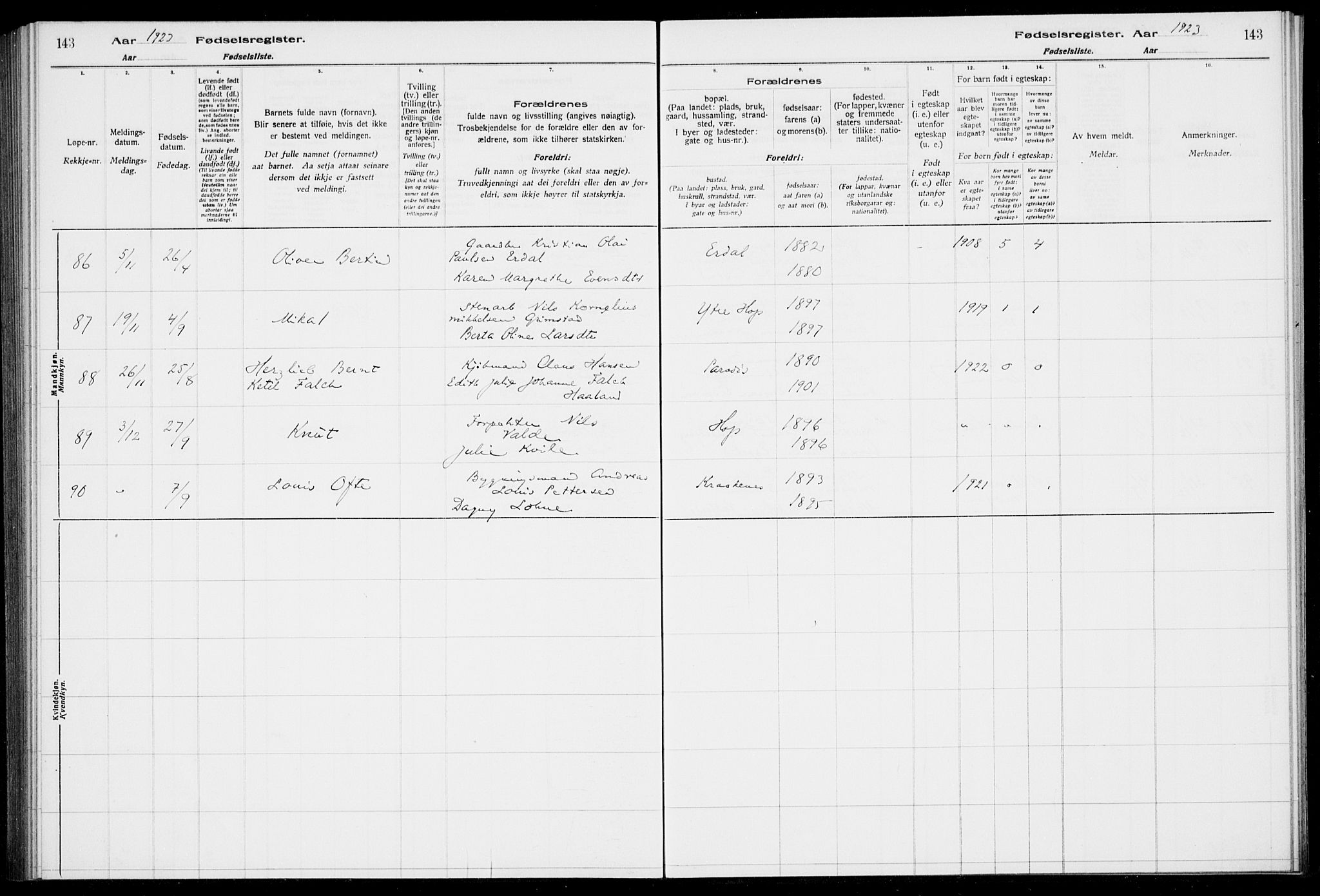 Birkeland Sokneprestembete, AV/SAB-A-74601/I/Id/L00A1: Birth register no. A 1, 1916-1926, p. 143