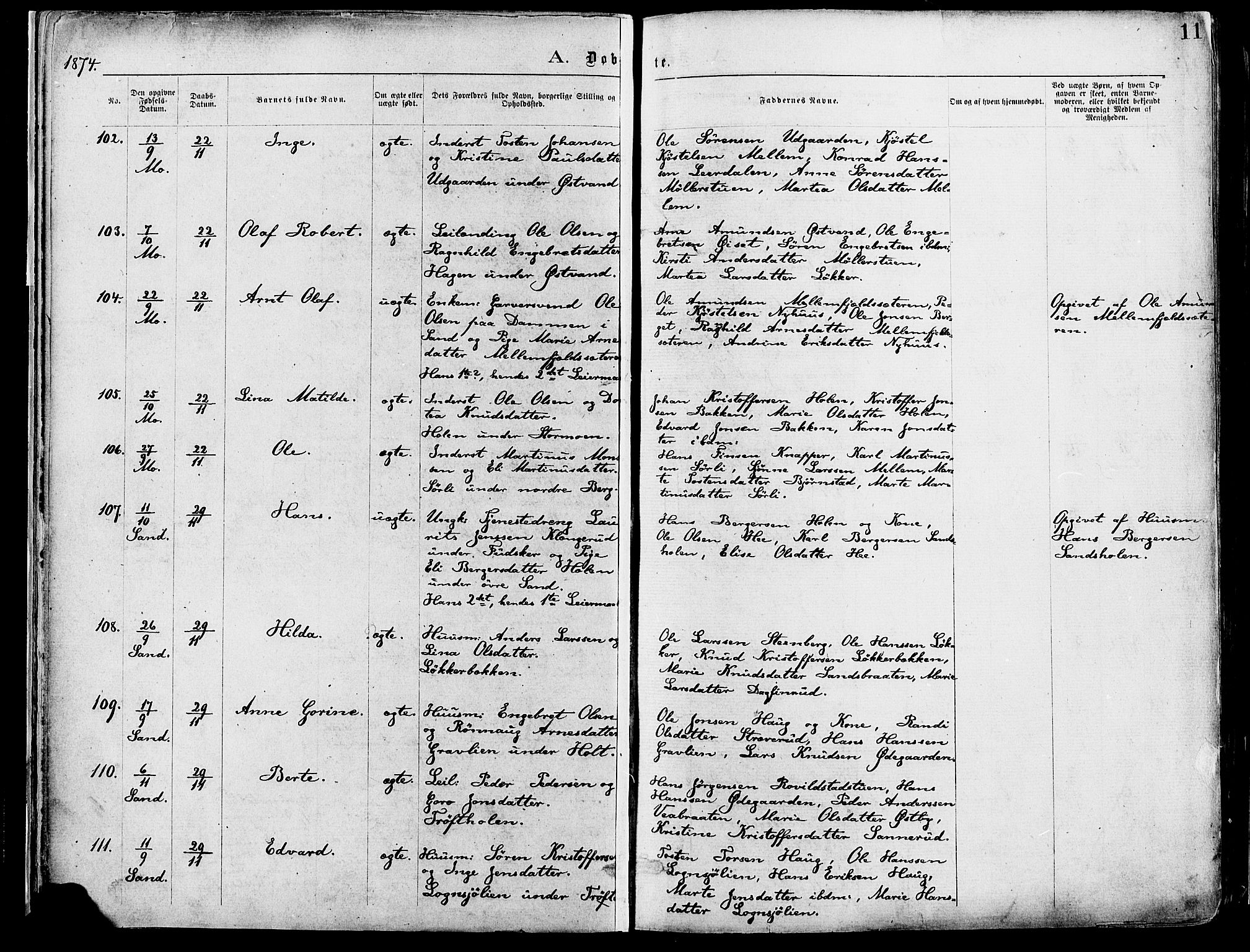 Nord-Odal prestekontor, AV/SAH-PREST-032/H/Ha/Haa/L0005: Parish register (official) no. 5, 1874-1885, p. 11