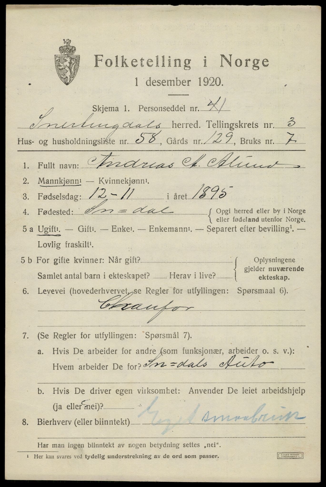SAH, 1920 census for Snertingdal, 1920, p. 3339