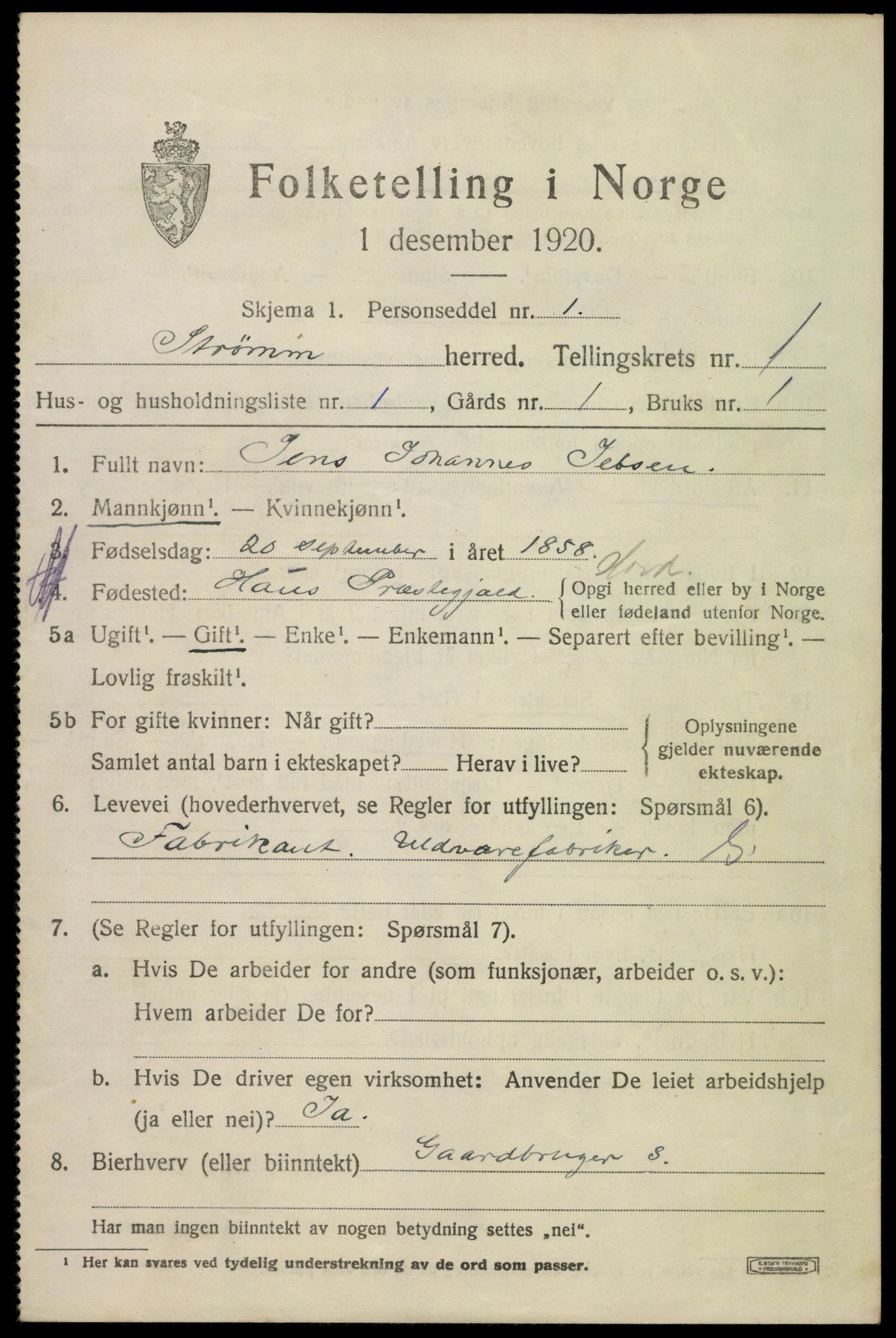 SAKO, 1920 census for Strømm, 1920, p. 569