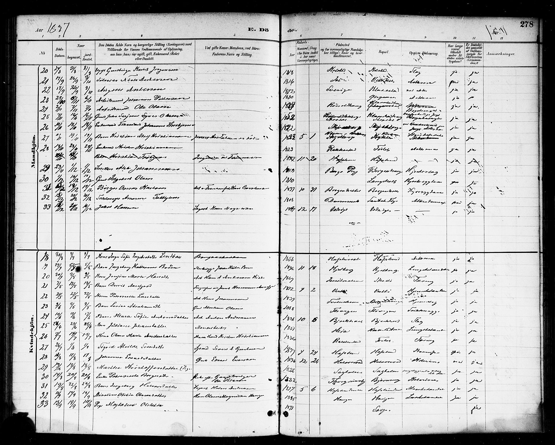 Skjeberg prestekontor Kirkebøker, AV/SAO-A-10923/F/Fa/L0009: Parish register (official) no. I 9, 1886-1897, p. 278