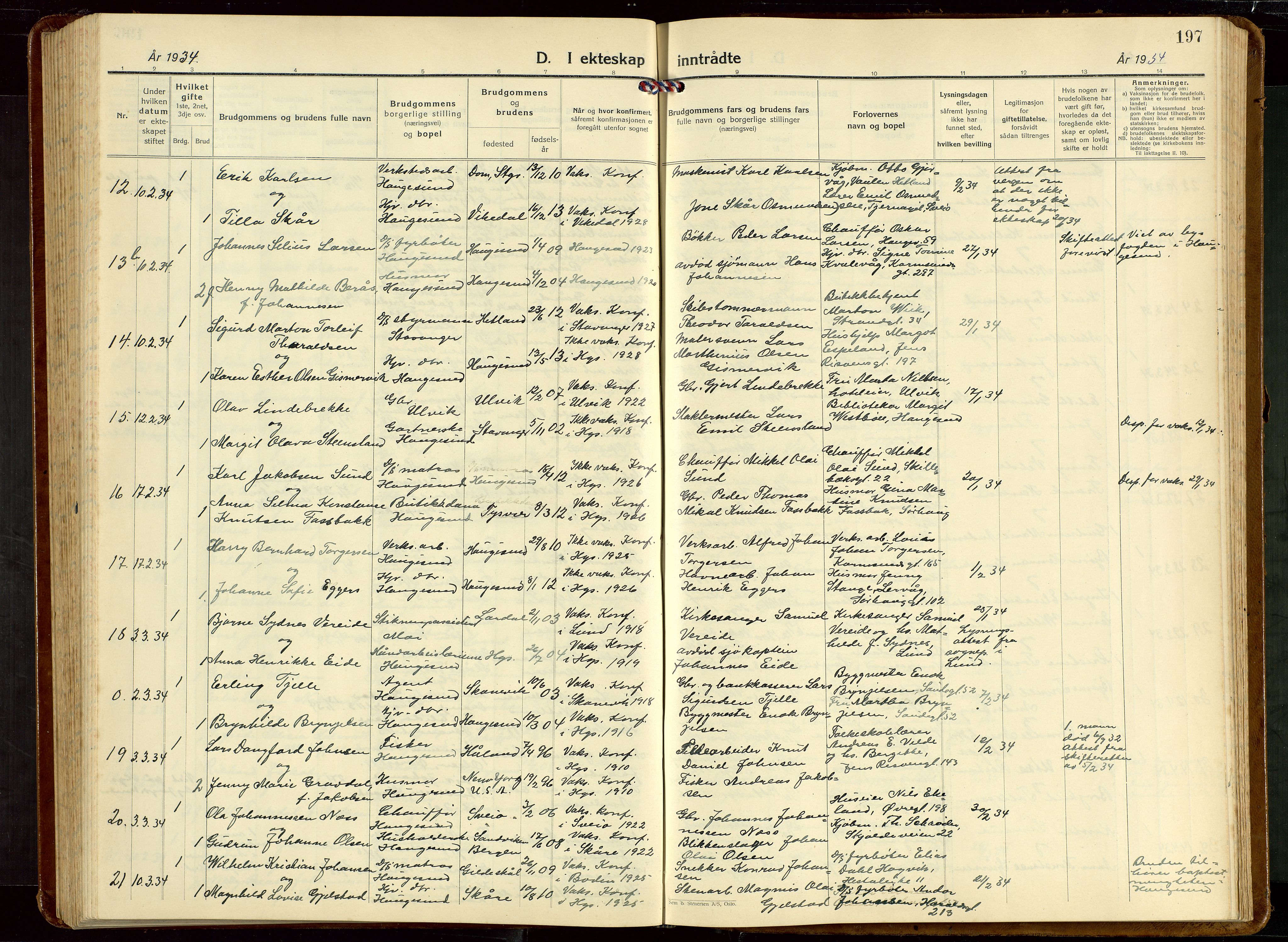 Haugesund sokneprestkontor, AV/SAST-A -101863/H/Ha/Hab/L0013: Parish register (copy) no. B 13, 1931-1943, p. 197