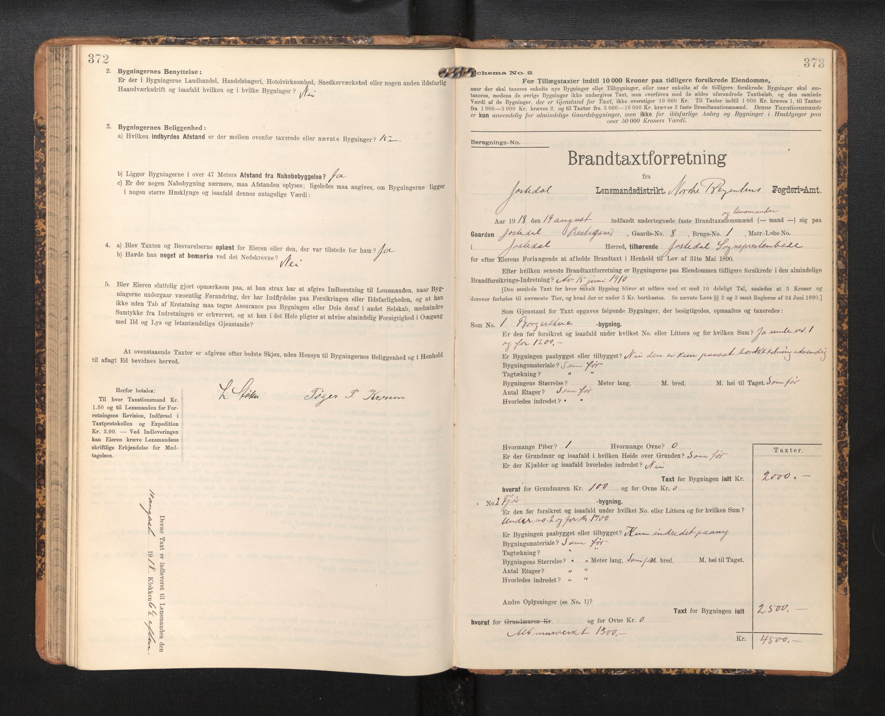 Lensmannen i Jostedal, SAB/A-28601/0012/L0004: Branntakstprotokoll, skjematakst, 1906-1919, p. 372-373