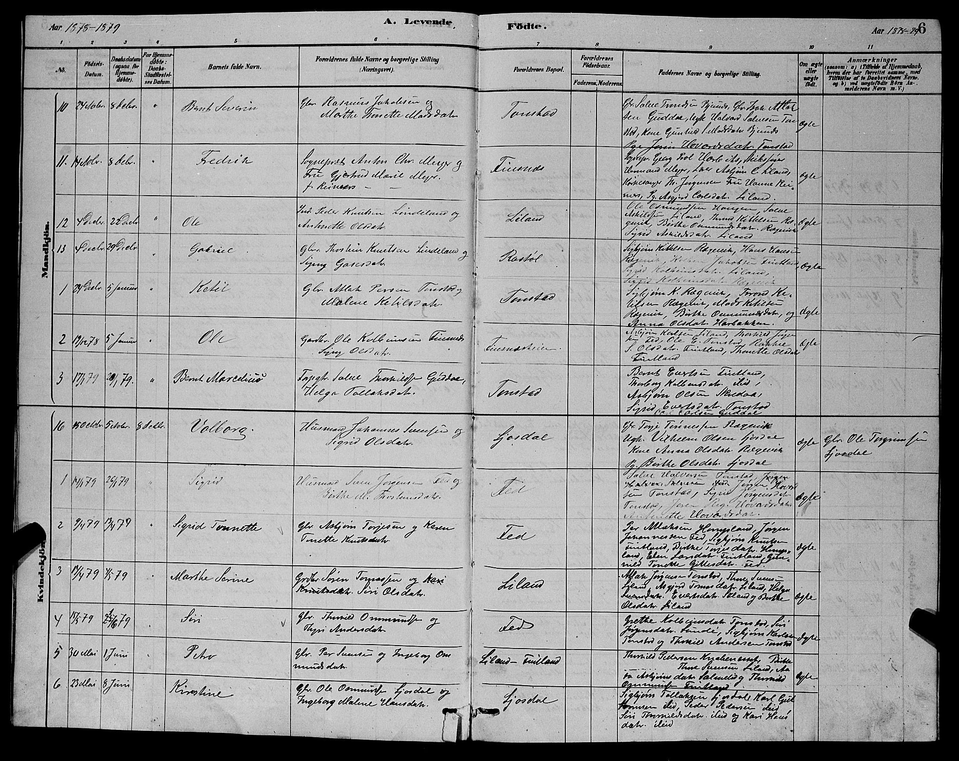 Sirdal sokneprestkontor, AV/SAK-1111-0036/F/Fb/Fbb/L0003: Parish register (copy) no. B 3, 1878-1894, p. 6