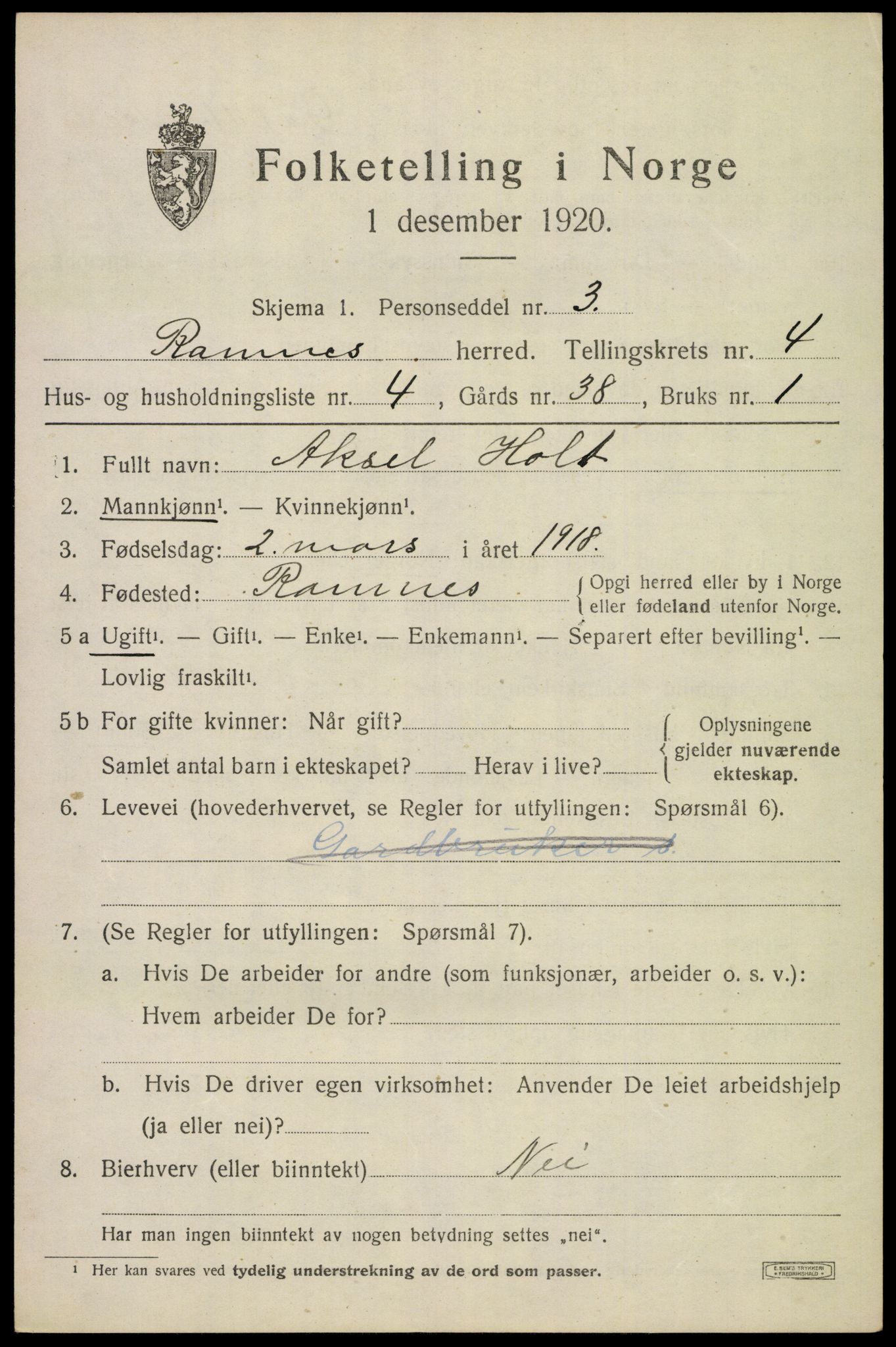 SAKO, 1920 census for Ramnes, 1920, p. 4364