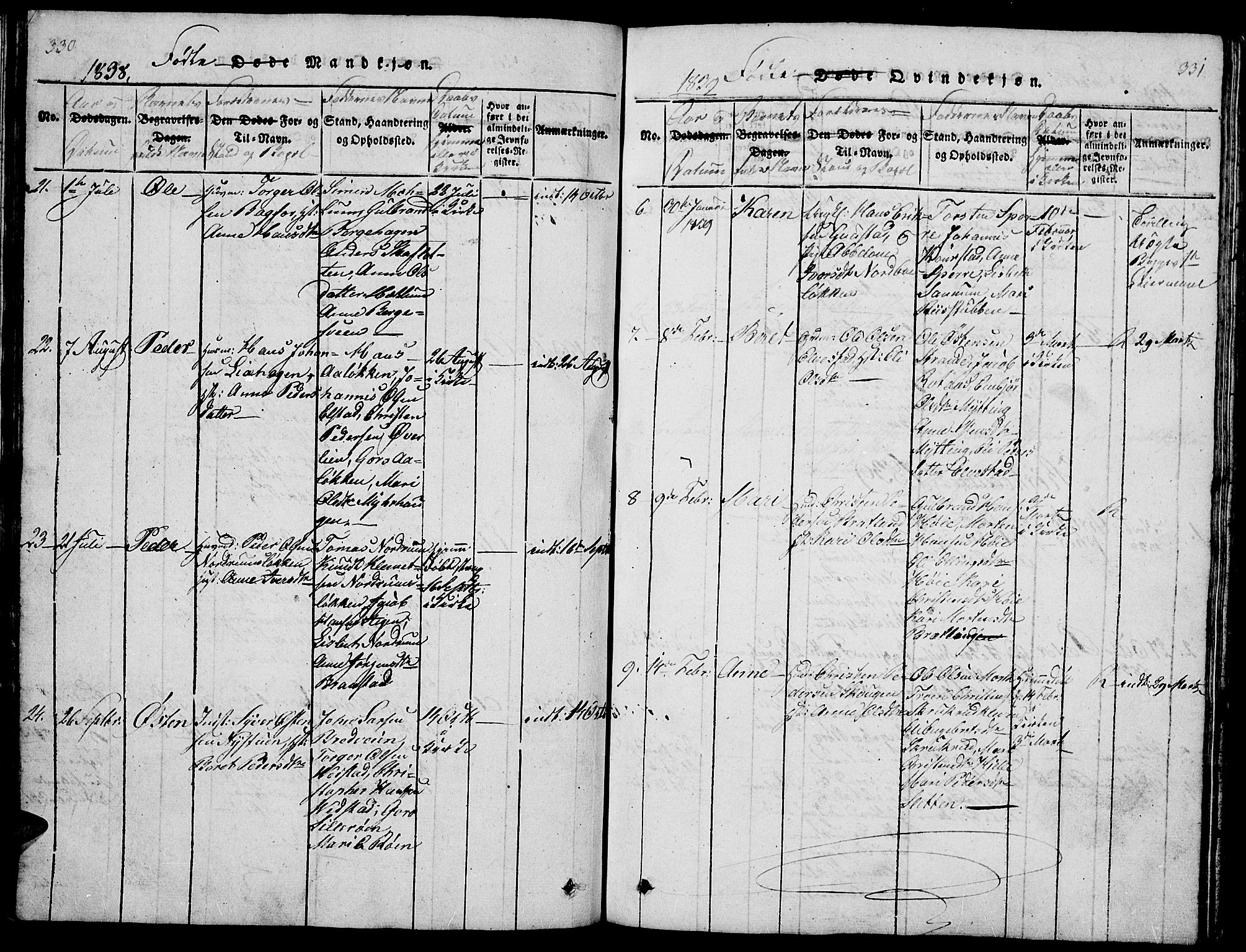 Ringebu prestekontor, SAH/PREST-082/H/Ha/Hab/L0001: Parish register (copy) no. 1, 1821-1839, p. 330-331