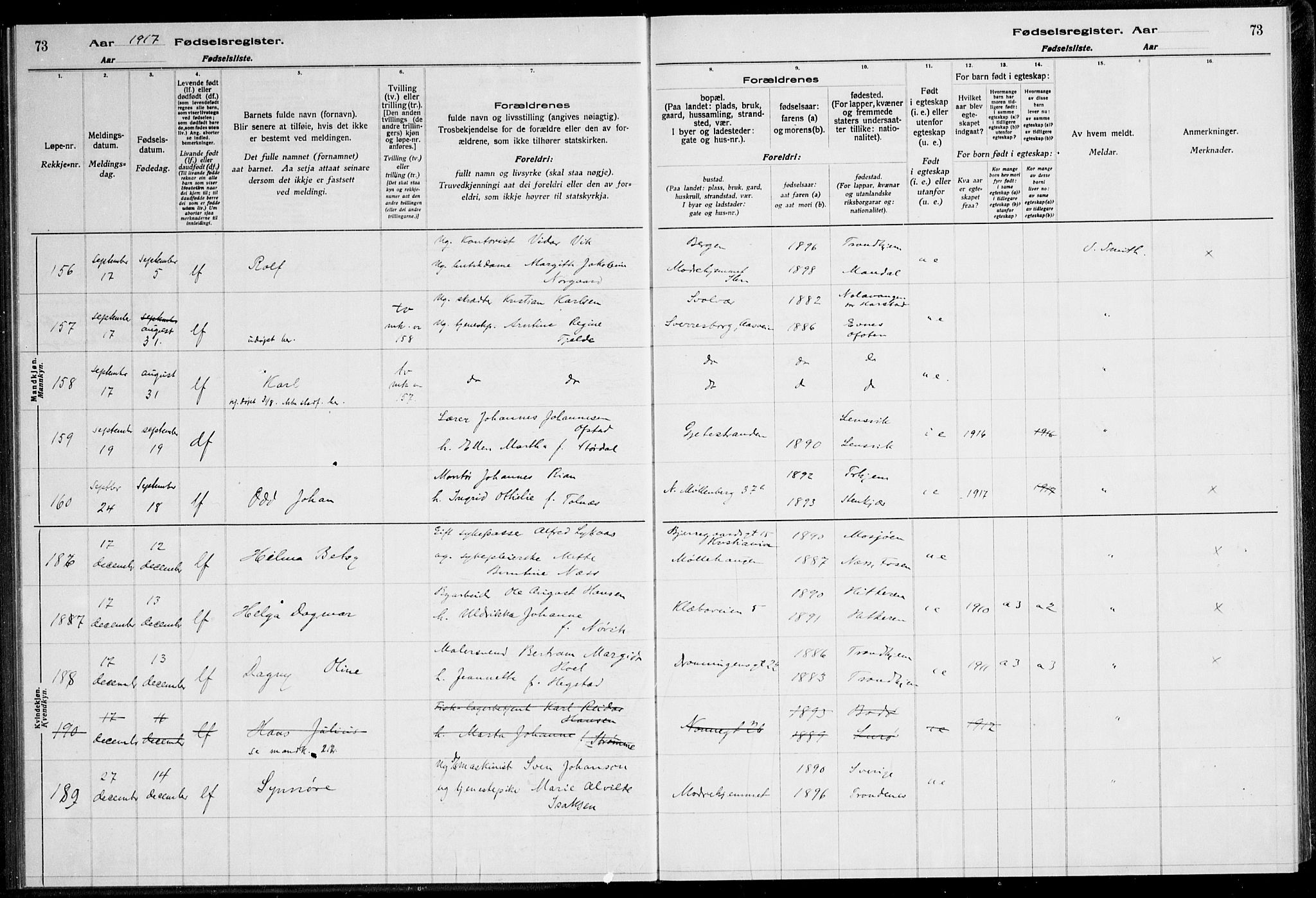 Ministerialprotokoller, klokkerbøker og fødselsregistre - Sør-Trøndelag, AV/SAT-A-1456/600/L0002: Birth register no. 600.II.4.1, 1916-1920, p. 73