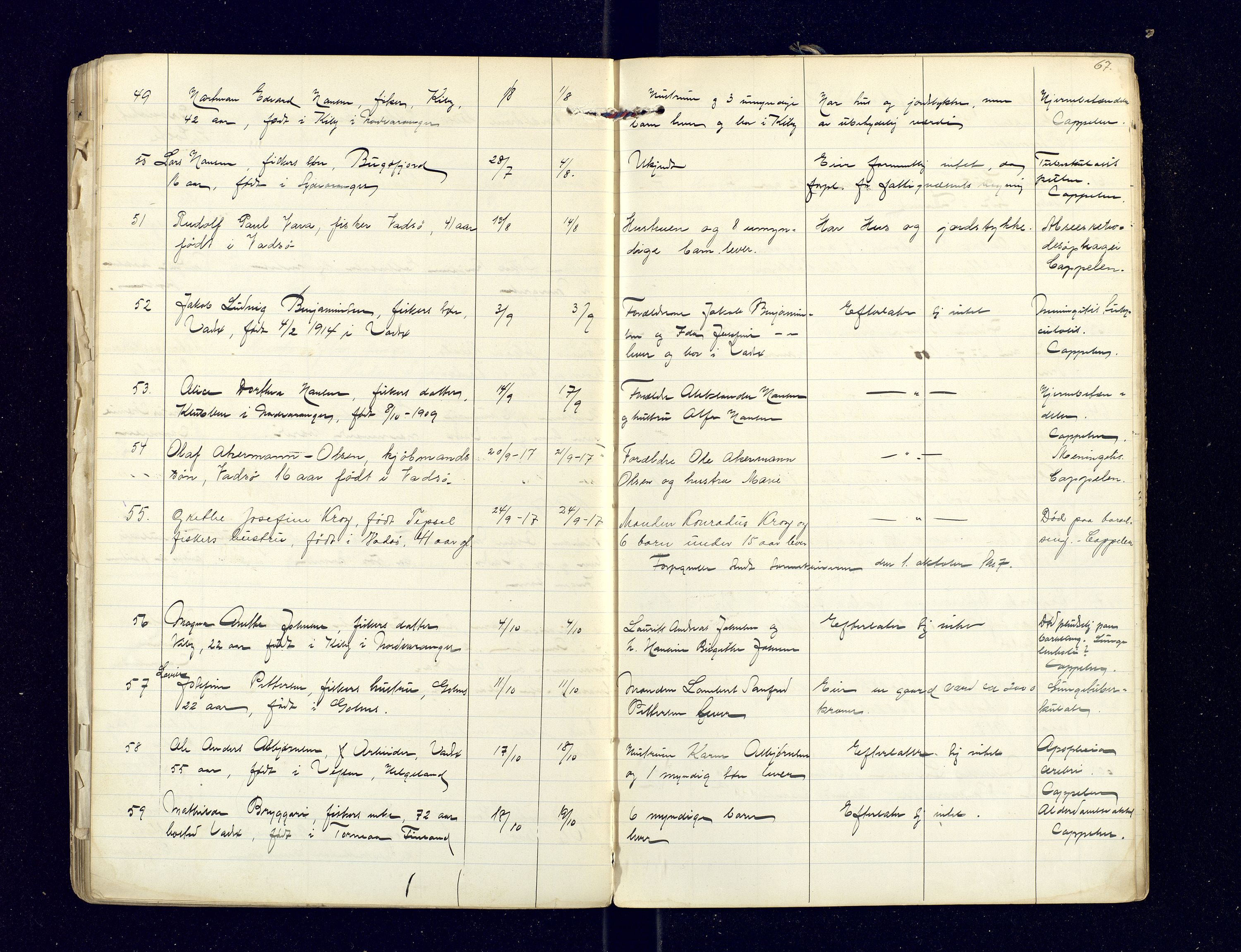 Nord-Varanger (Vadsø) lensmannskontor, AV/SATØ-S-1166/1/Fi/Fia/L0158: Dødsfallsprotokoller, 1908-1920, p. 67
