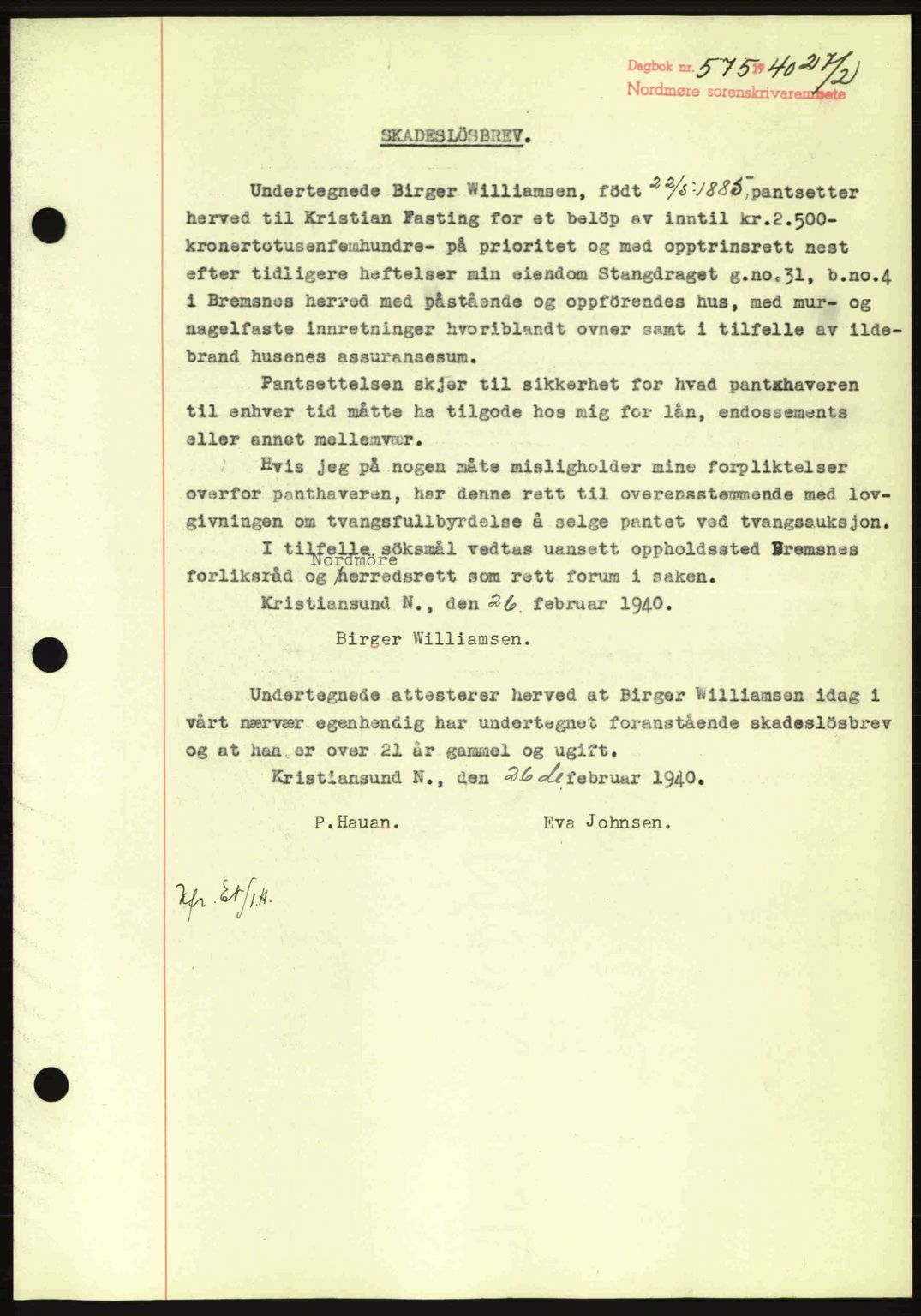 Nordmøre sorenskriveri, AV/SAT-A-4132/1/2/2Ca: Mortgage book no. B86, 1939-1940, Diary no: : 575/1940