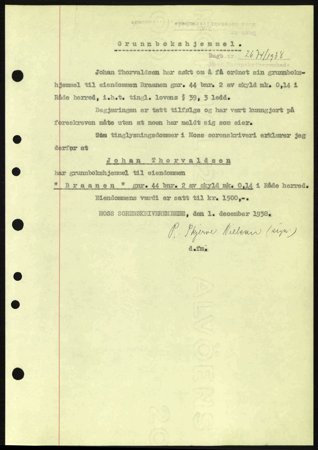 Moss sorenskriveri, SAO/A-10168: Mortgage book no. A5, 1938-1939, Diary no: : 2674/1938
