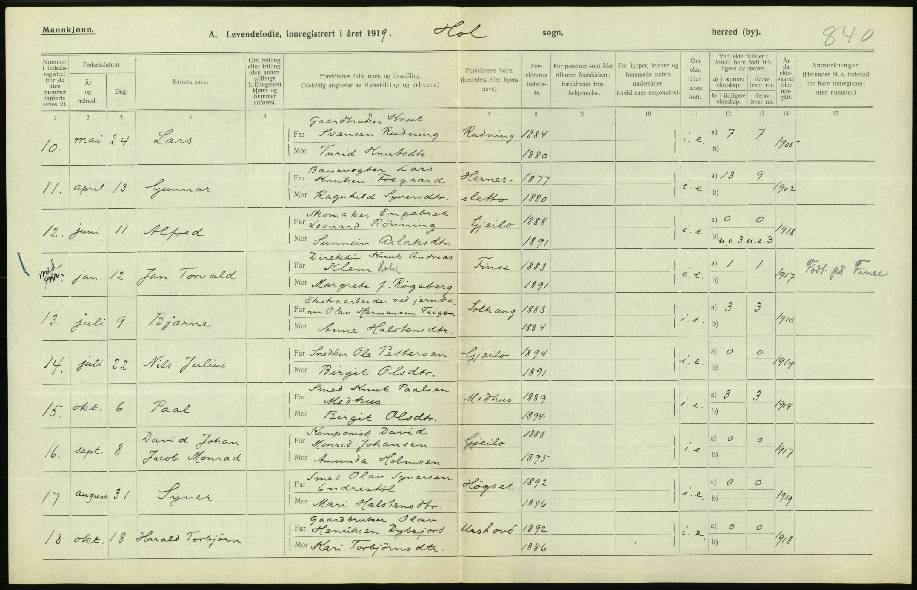 Statistisk sentralbyrå, Sosiodemografiske emner, Befolkning, RA/S-2228/D/Df/Dfb/Dfbi/L0016: Buskerud fylke: Levendefødte menn og kvinner. Bygder., 1919, p. 464