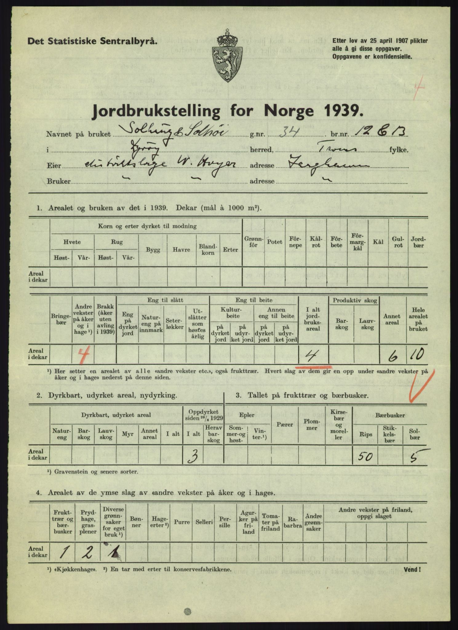 Statistisk sentralbyrå, Næringsøkonomiske emner, Jordbruk, skogbruk, jakt, fiske og fangst, AV/RA-S-2234/G/Gb/L0340: Troms: Salangen og Dyrøy, 1939, p. 857