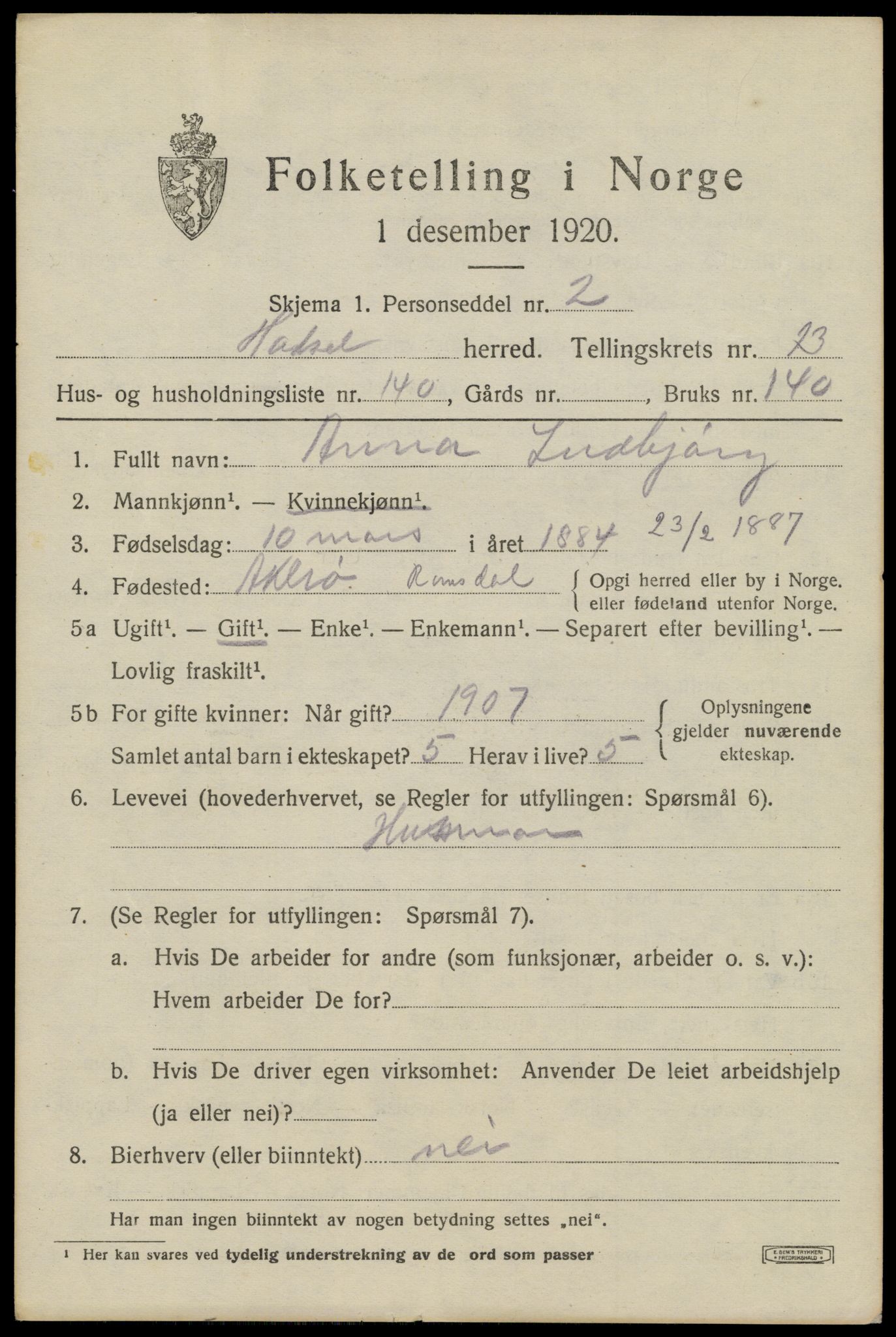 SAT, 1920 census for Hadsel, 1920, p. 11526