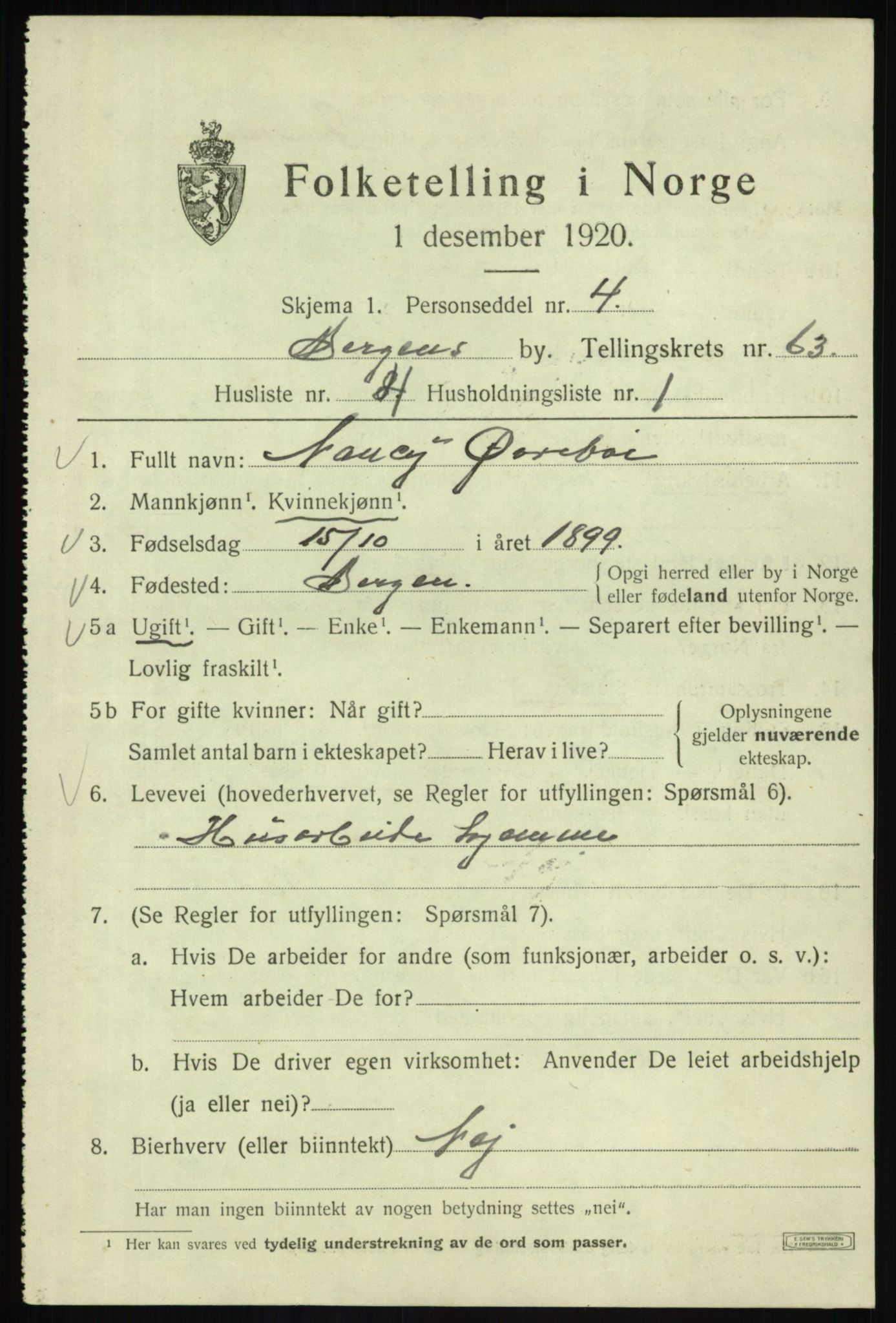 SAB, 1920 census for Bergen, 1920, p. 131607