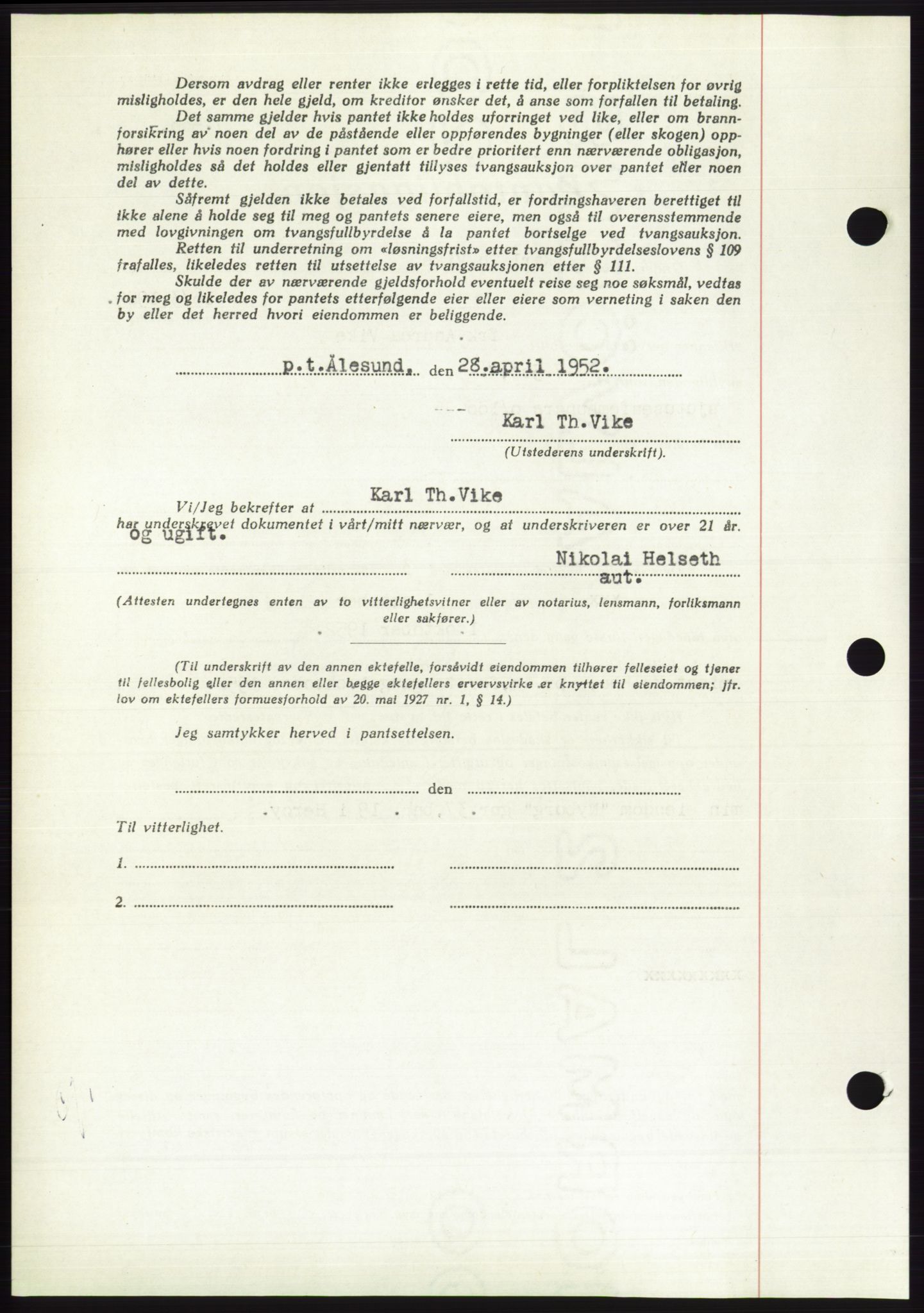 Søre Sunnmøre sorenskriveri, AV/SAT-A-4122/1/2/2C/L0121: Mortgage book no. 9B, 1951-1952, Diary no: : 962/1952