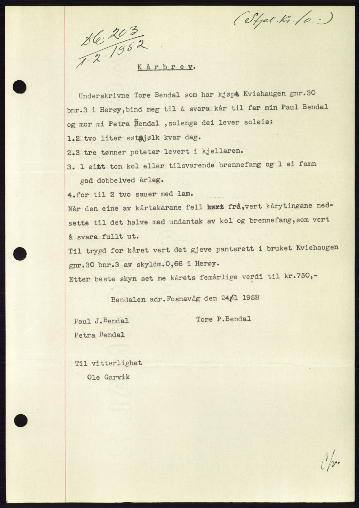 Søre Sunnmøre sorenskriveri, AV/SAT-A-4122/1/2/2C/L0121: Mortgage book no. 9B, 1951-1952, Diary no: : 203/1952