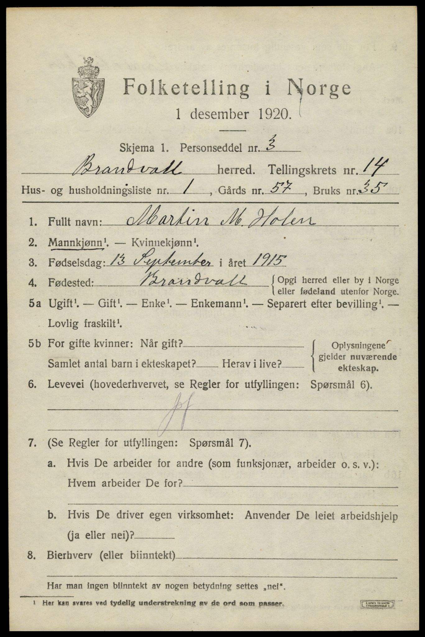 SAH, 1920 census for Brandval, 1920, p. 9488