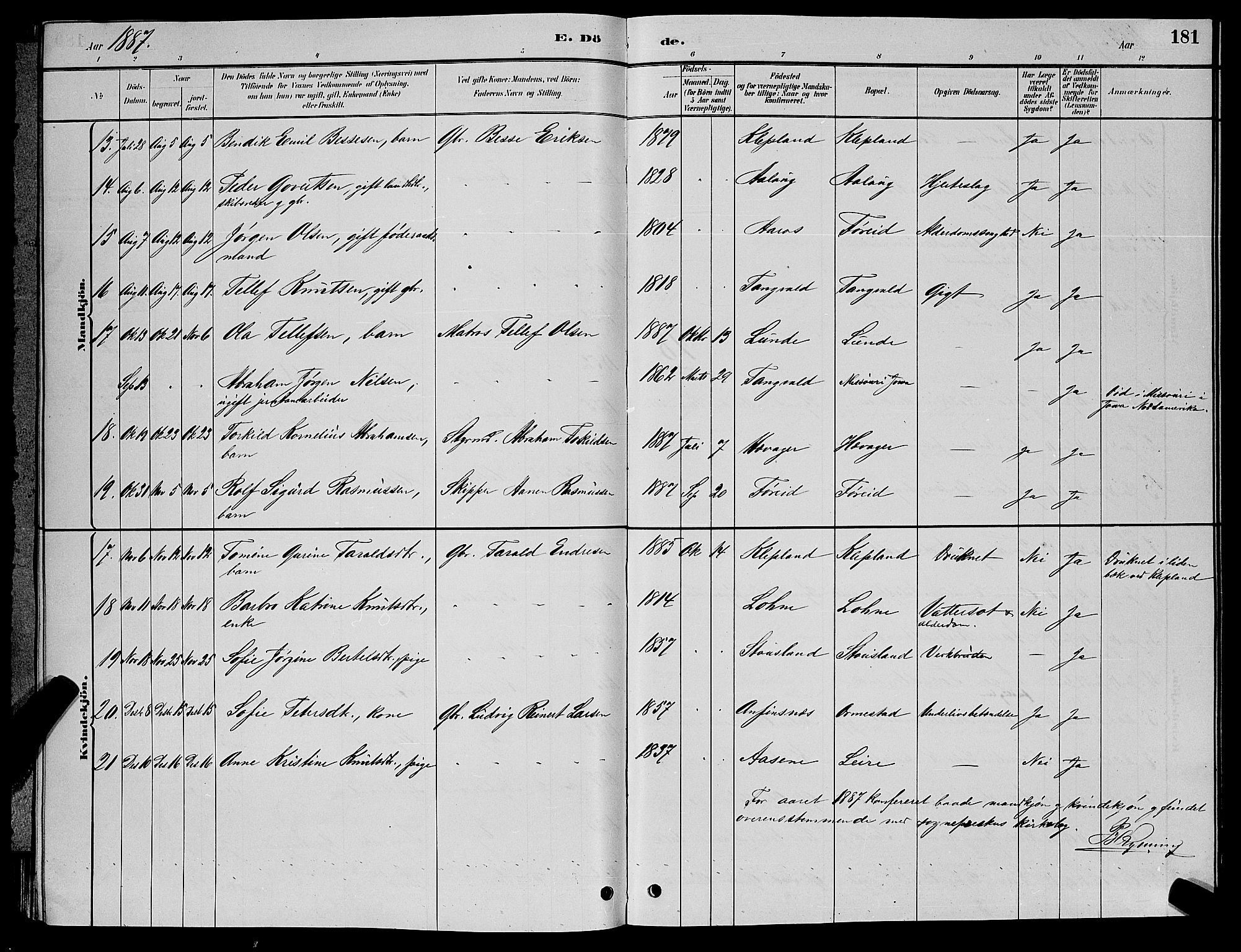 Søgne sokneprestkontor, SAK/1111-0037/F/Fb/Fbb/L0005: Parish register (copy) no. B 5, 1884-1891, p. 181