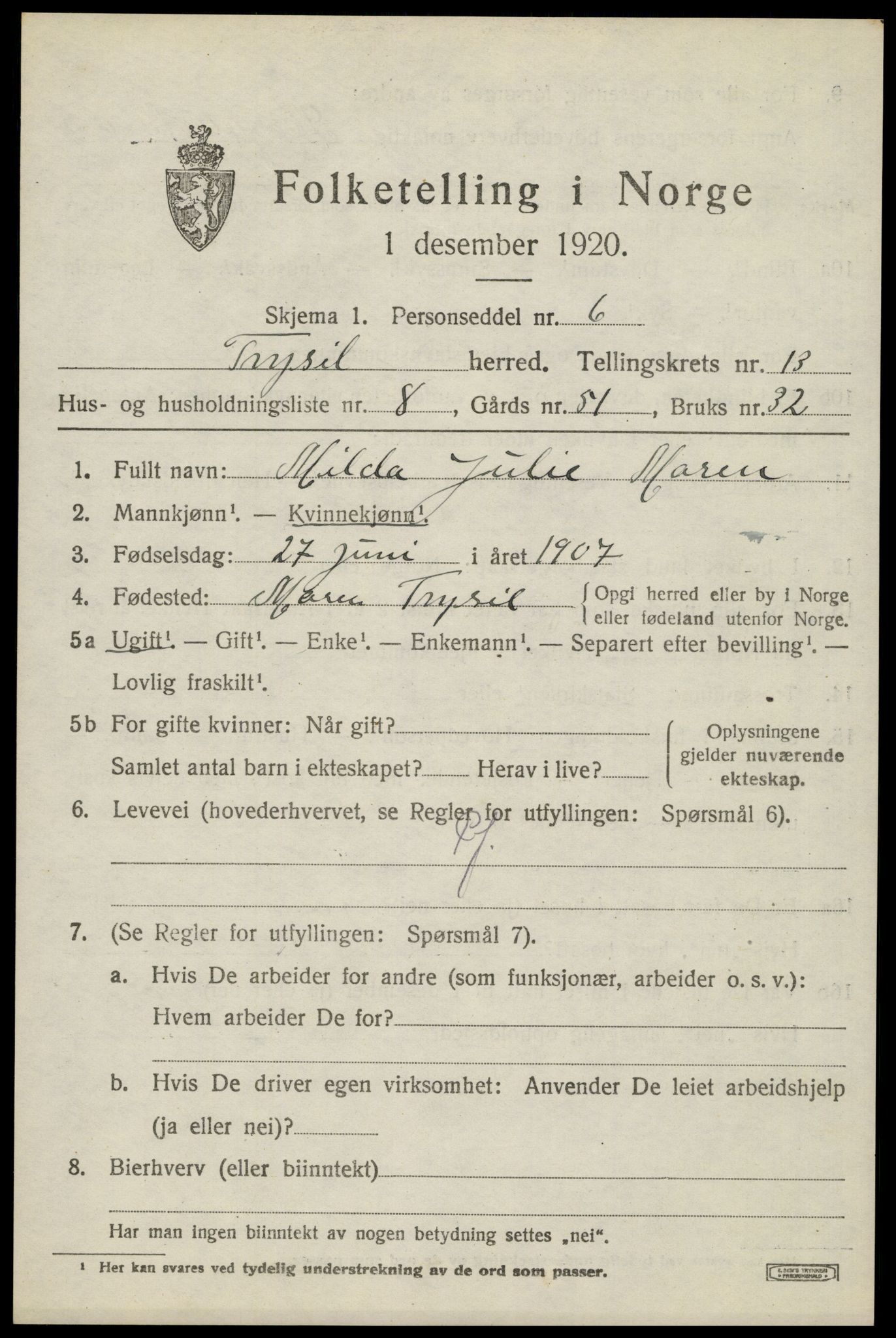 SAH, 1920 census for Trysil, 1920, p. 7731