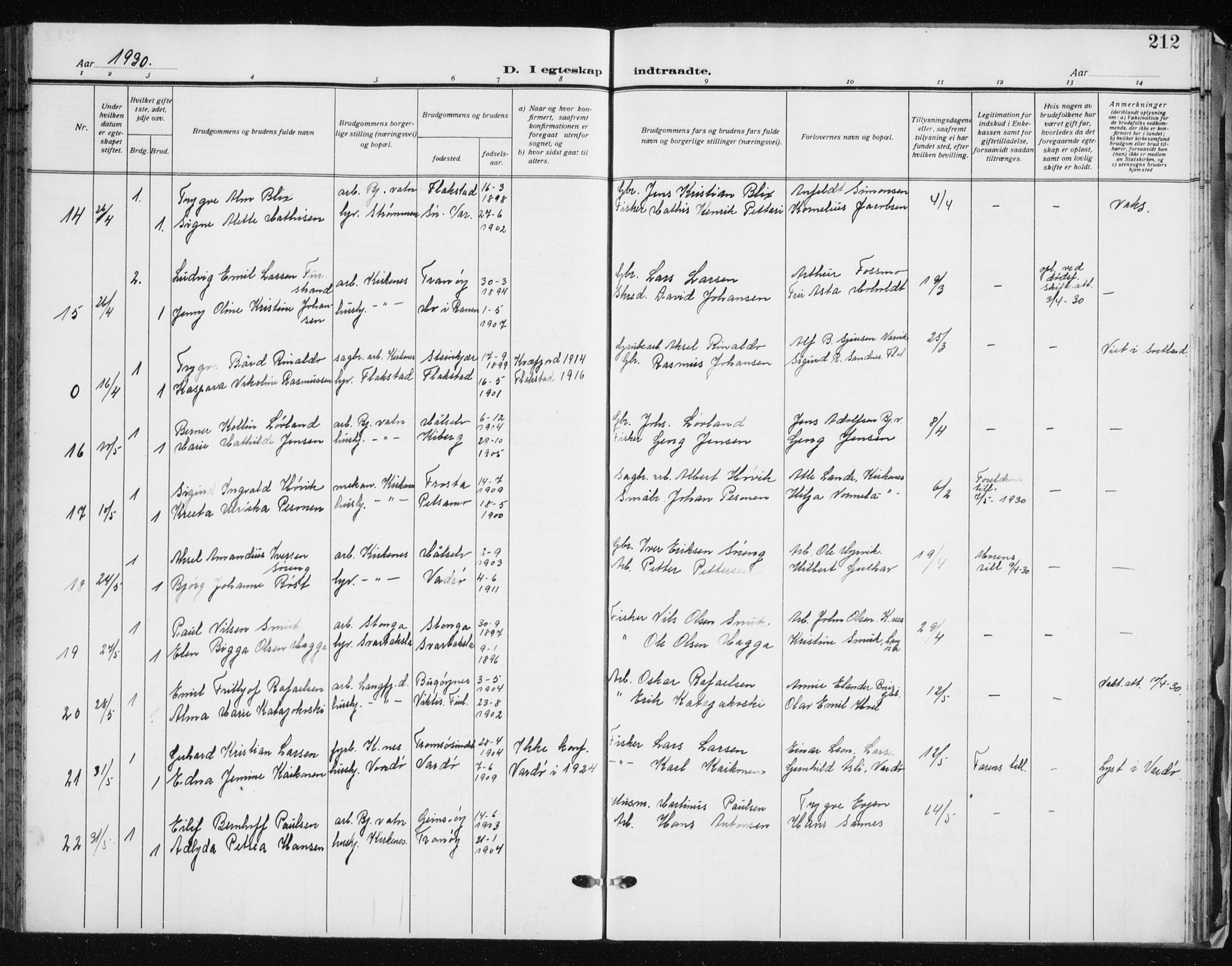 Sør-Varanger sokneprestkontor, AV/SATØ-S-1331/H/Hb/L0006klokker: Parish register (copy) no. 6, 1929-1938, p. 212