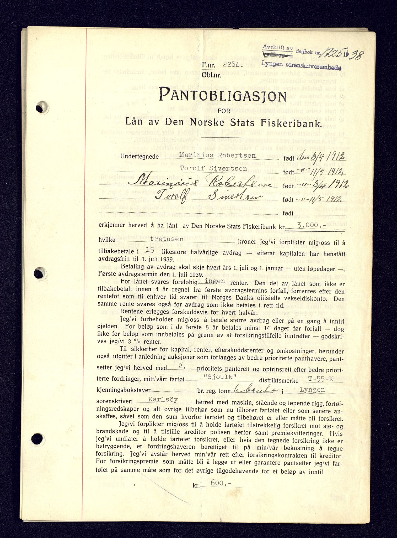 Lyngen sorenskriveri, AV/SATØ-SATØ-0052/1/G/Gf/L0001: Mortgage book no. B 25-31, 1936-1942, Diary no: : 1725/1938