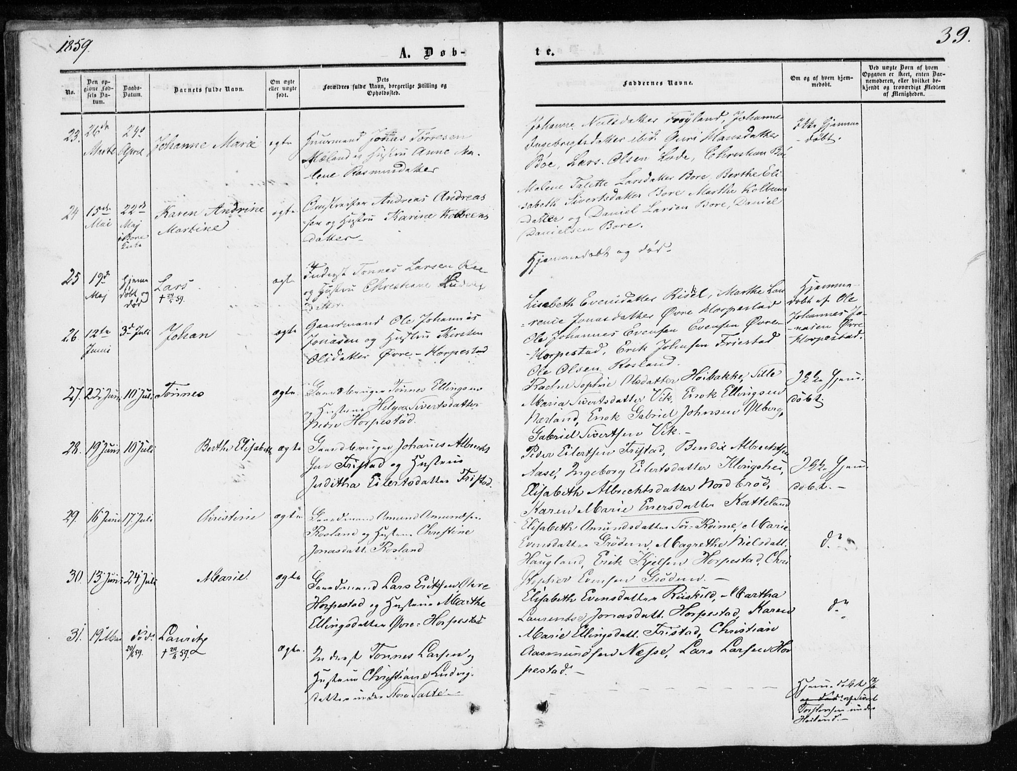 Klepp sokneprestkontor, AV/SAST-A-101803/001/3/30BA/L0005: Parish register (official) no. A 5, 1853-1870, p. 39