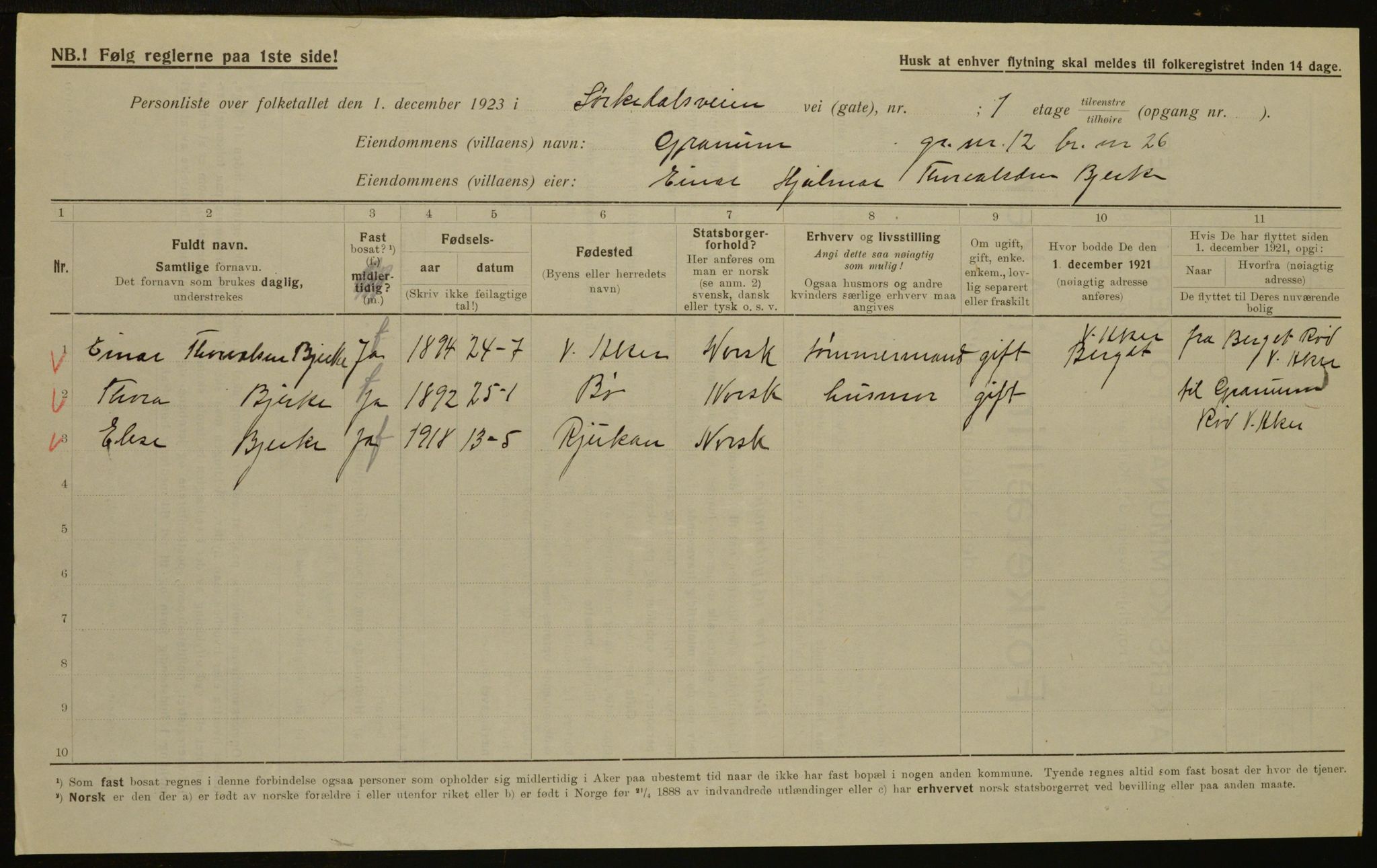 , Municipal Census 1923 for Aker, 1923, p. 5955