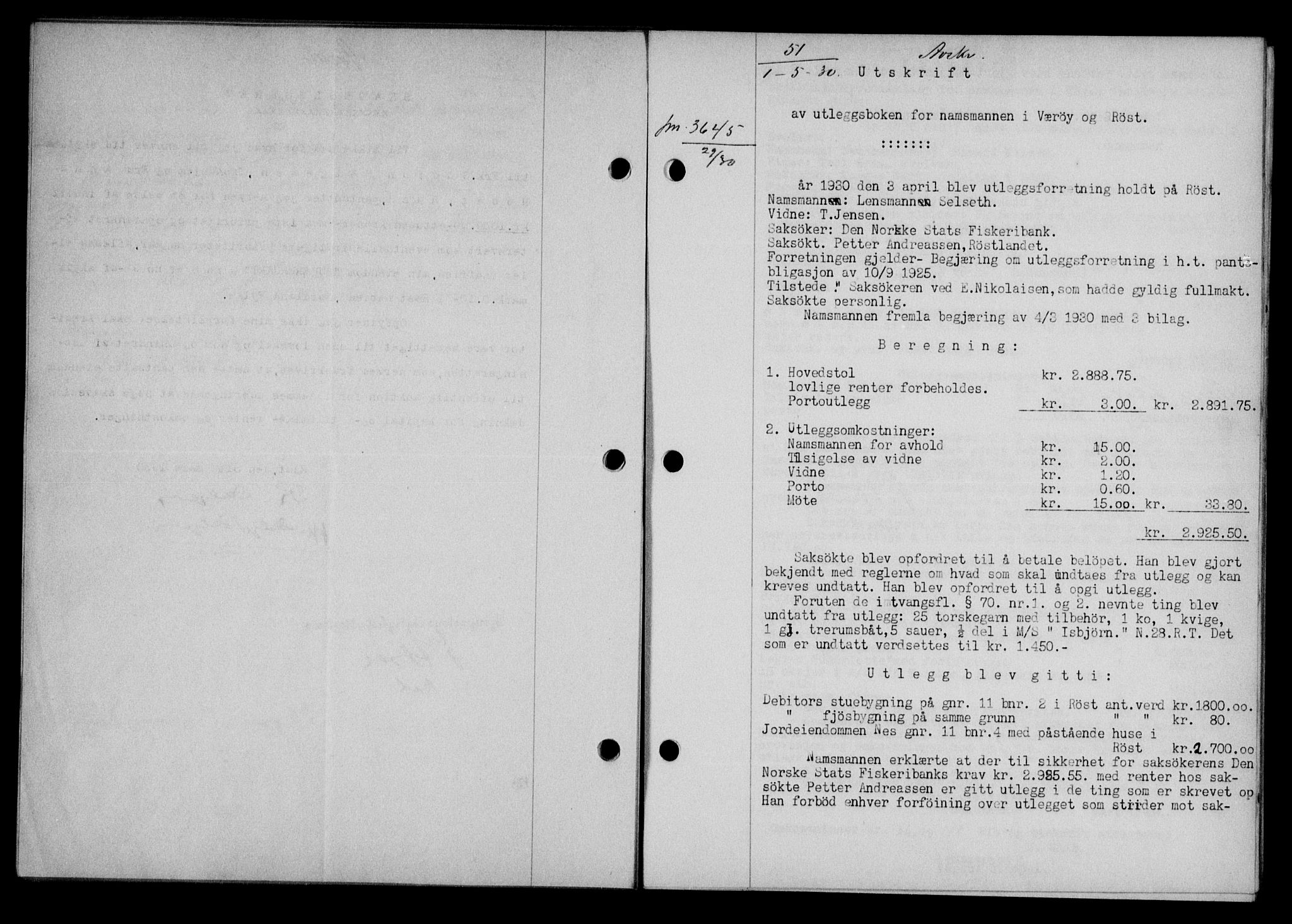 Lofoten sorenskriveri, SAT/A-0017/1/2/2C/L0021b: Mortgage book no. 21b, 1930-1930, Deed date: 01.05.1930