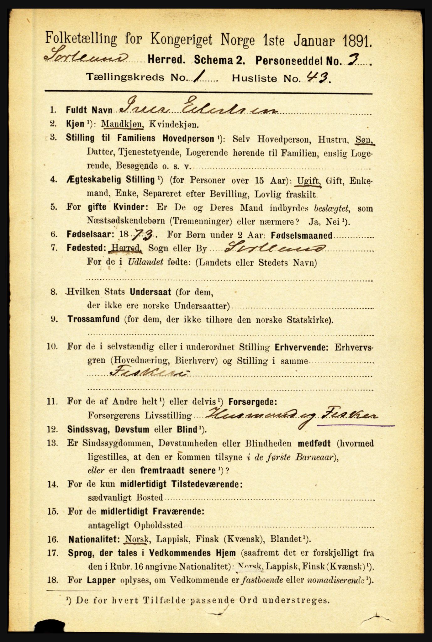 RA, 1891 census for 1870 Sortland, 1891, p. 381