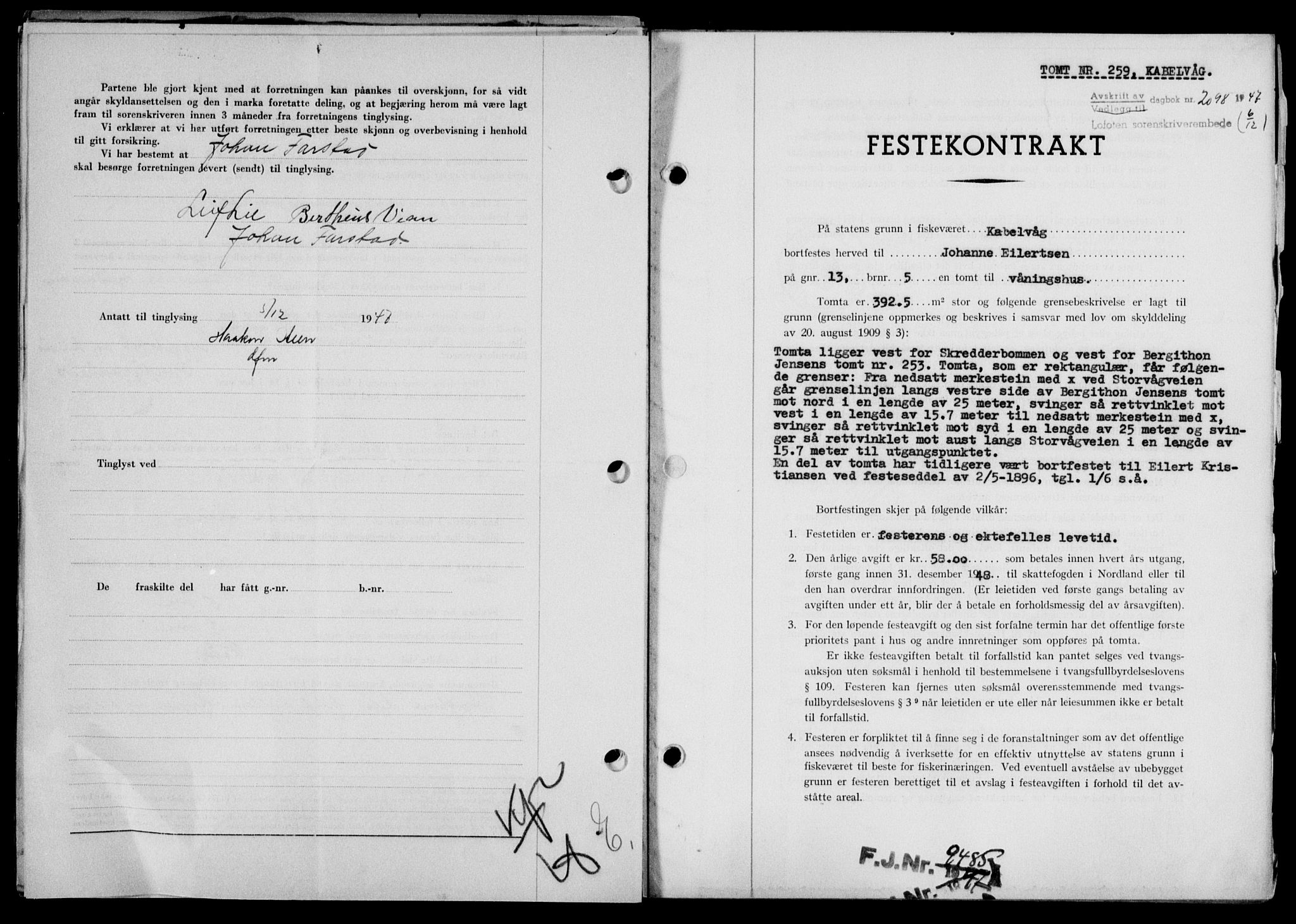 Lofoten sorenskriveri, SAT/A-0017/1/2/2C/L0017a: Mortgage book no. 17a, 1947-1948, Diary no: : 2098/1947