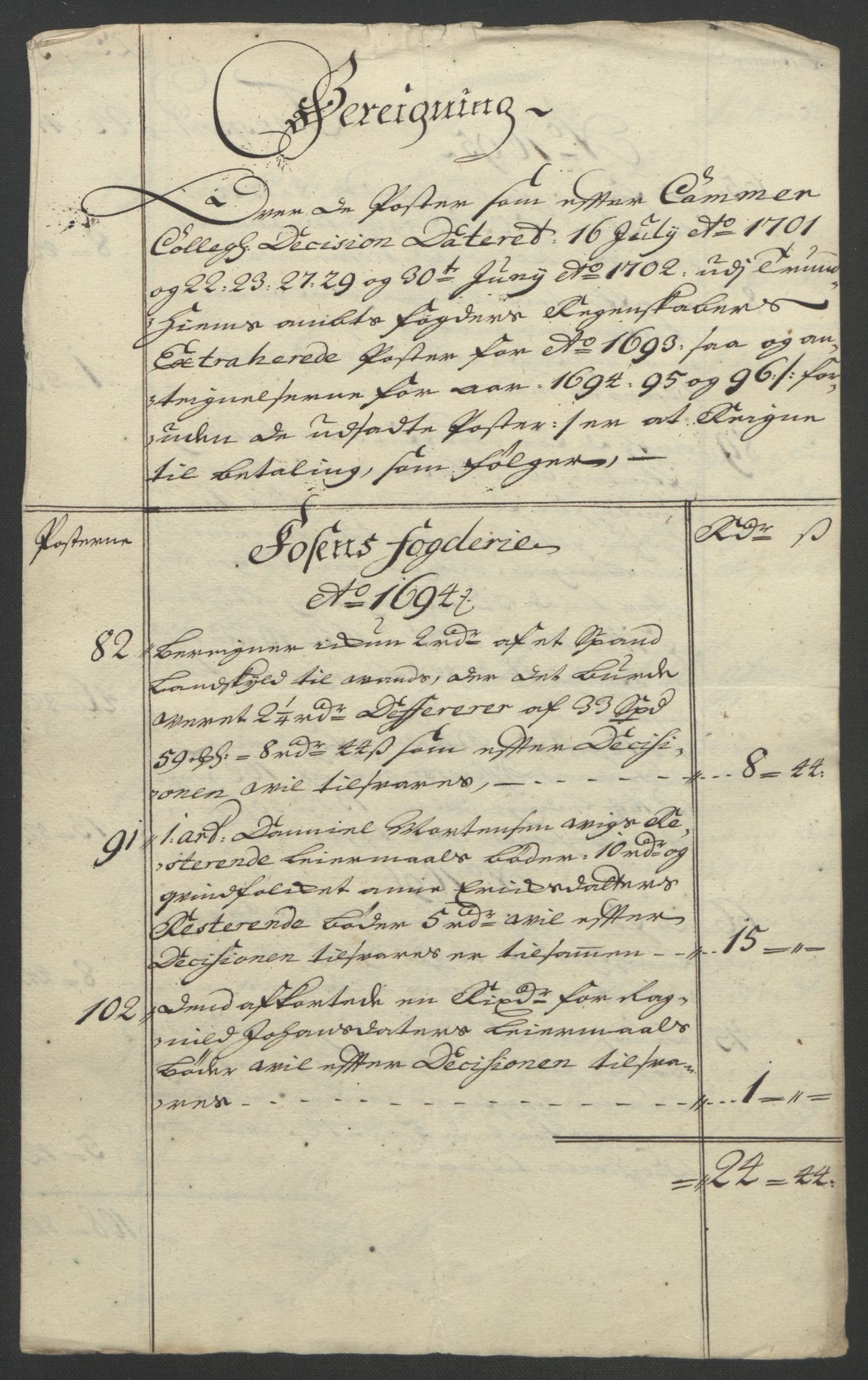 Rentekammeret inntil 1814, Reviderte regnskaper, Fogderegnskap, AV/RA-EA-4092/R57/L3851: Fogderegnskap Fosen, 1695-1696, p. 353