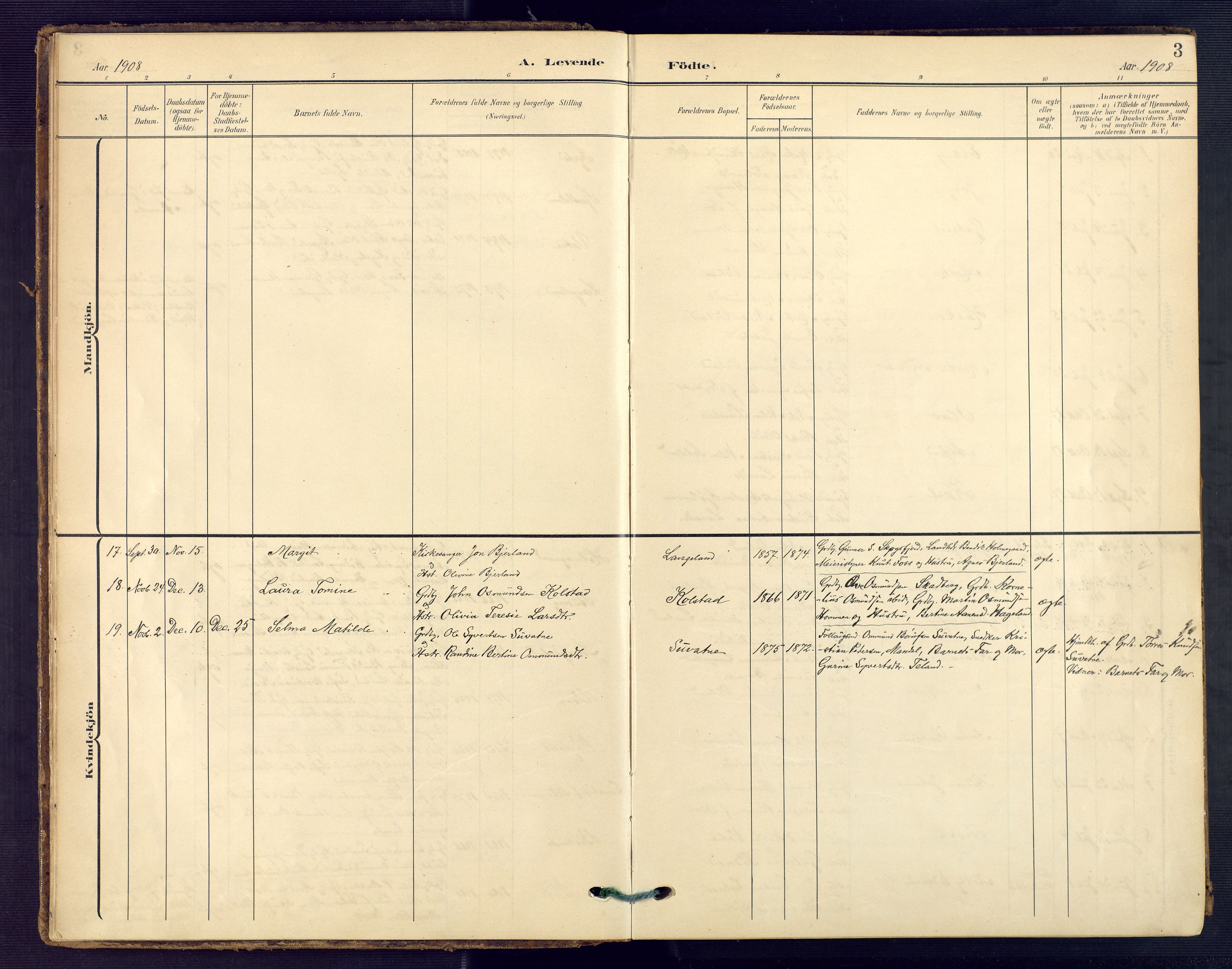 Holum sokneprestkontor, AV/SAK-1111-0022/F/Fa/Faa/L0008: Parish register (official) no. A 8, 1908-1929, p. 3