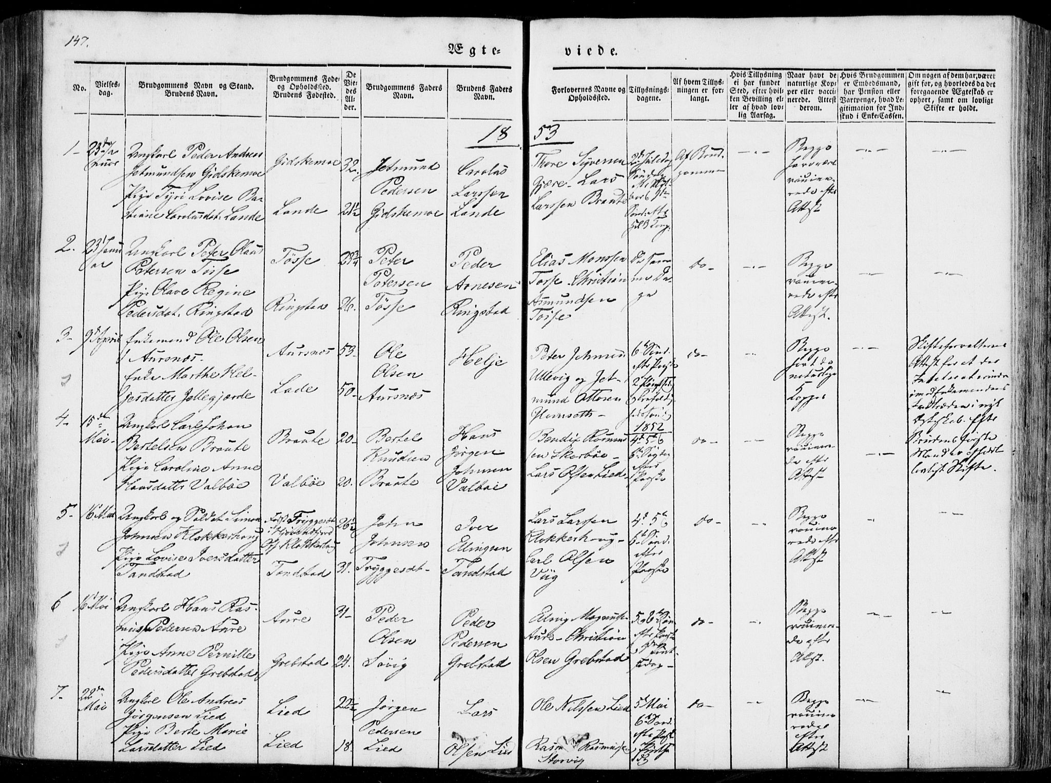 Ministerialprotokoller, klokkerbøker og fødselsregistre - Møre og Romsdal, SAT/A-1454/522/L0313: Parish register (official) no. 522A08, 1852-1862, p. 147