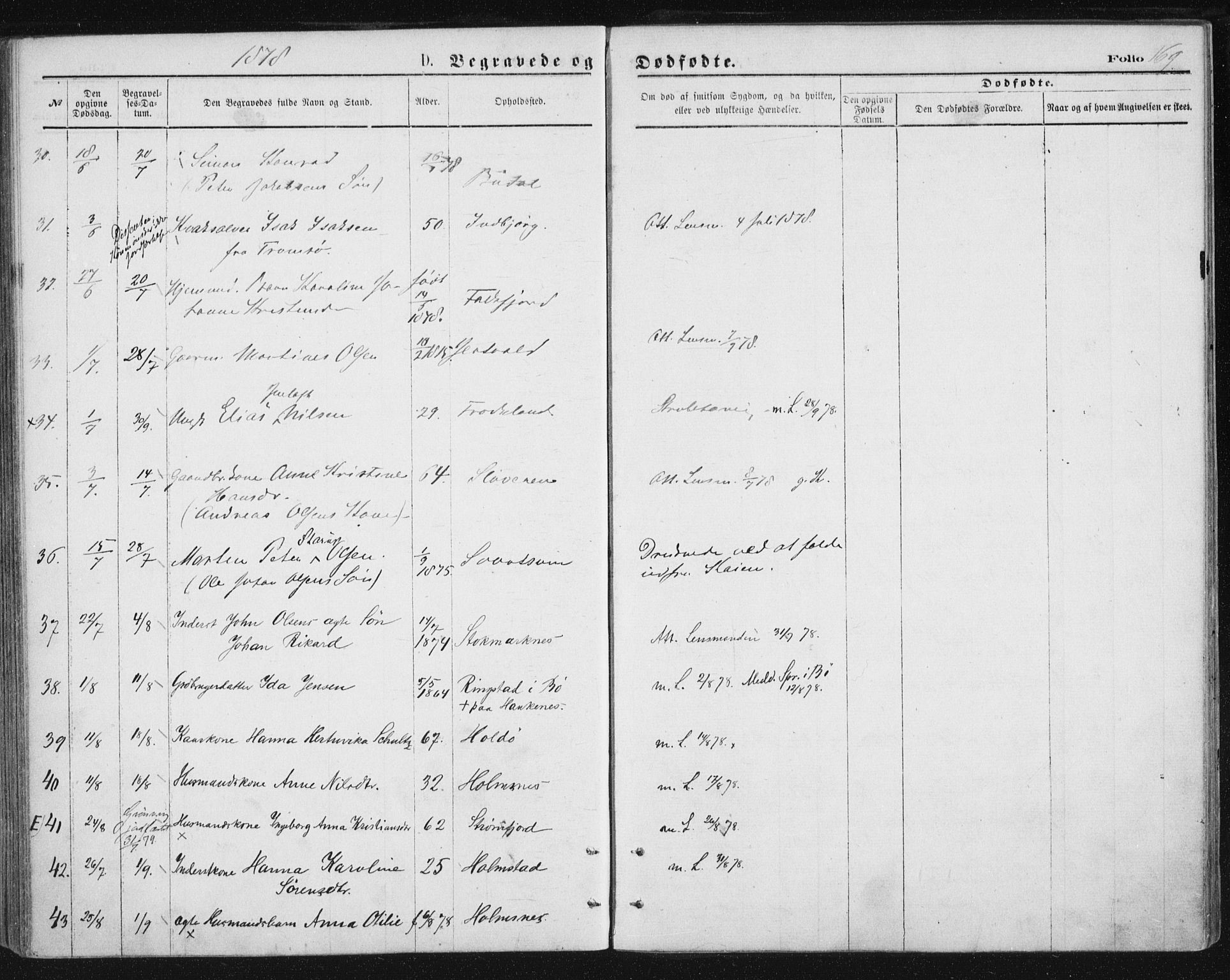 Ministerialprotokoller, klokkerbøker og fødselsregistre - Nordland, AV/SAT-A-1459/888/L1243: Parish register (official) no. 888A09, 1876-1879, p. 169