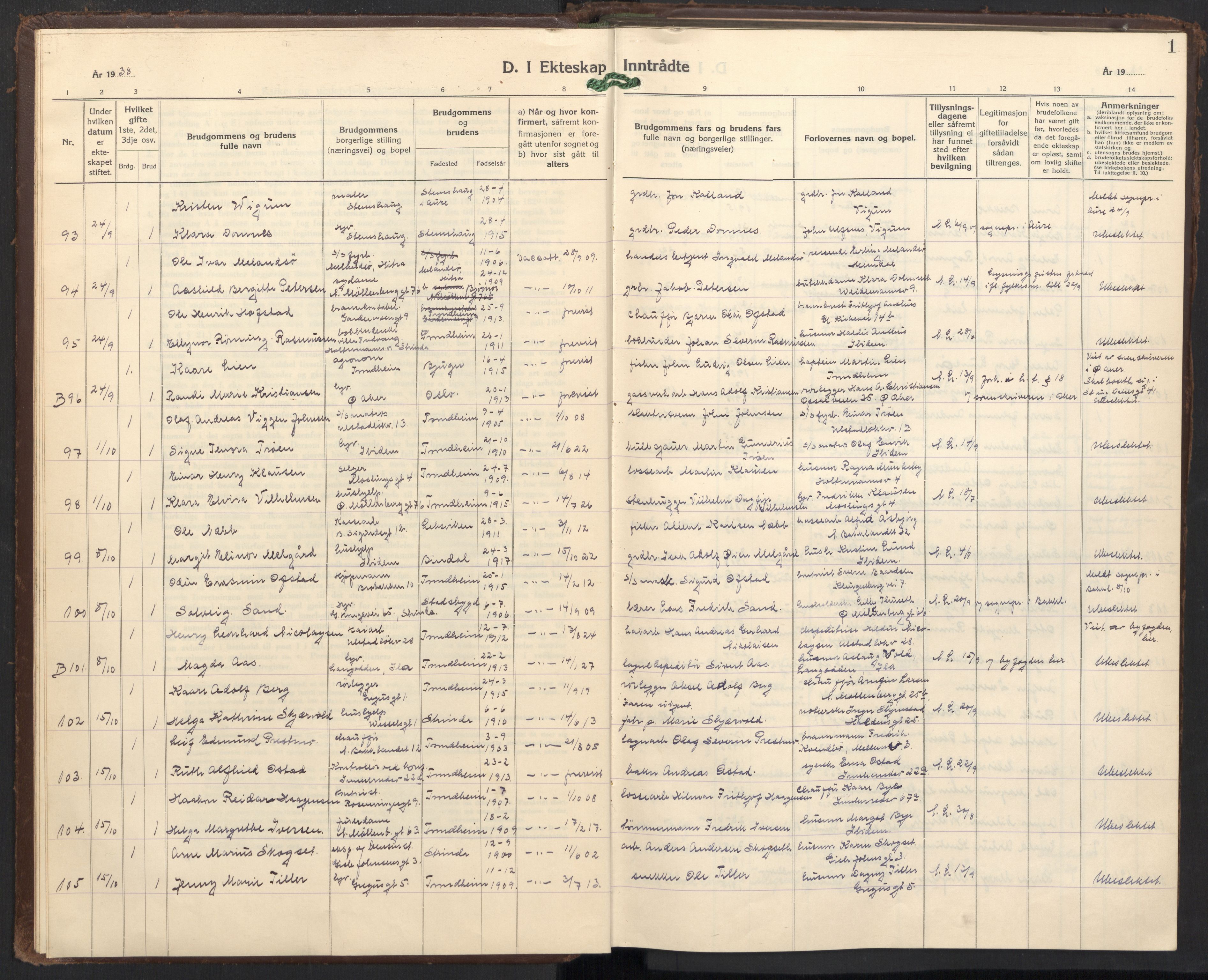 Ministerialprotokoller, klokkerbøker og fødselsregistre - Sør-Trøndelag, SAT/A-1456/605/L0263: Parish register (copy) no. 605C10, 1938-1949, p. 1