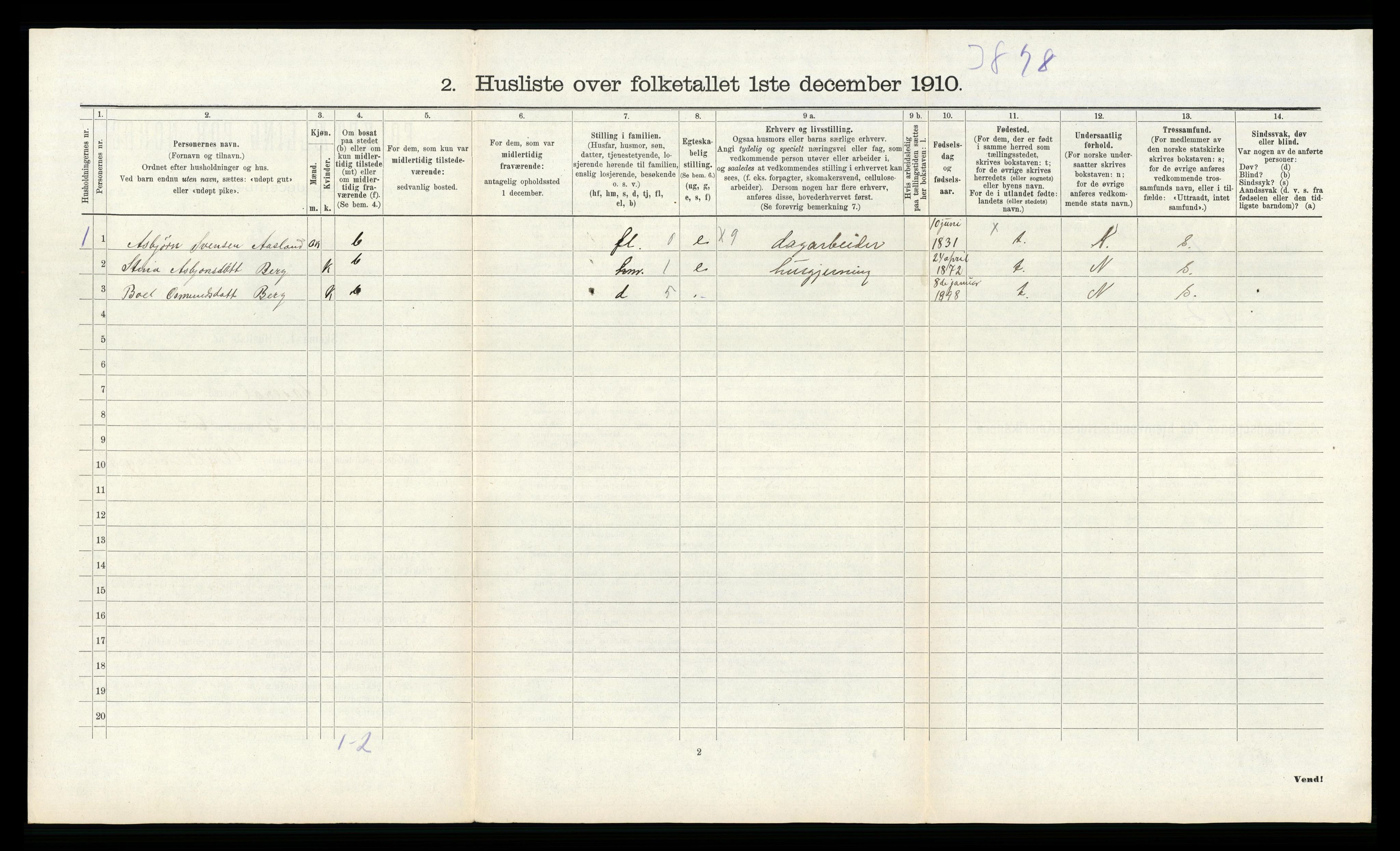 RA, 1910 census for Åseral, 1910, p. 252