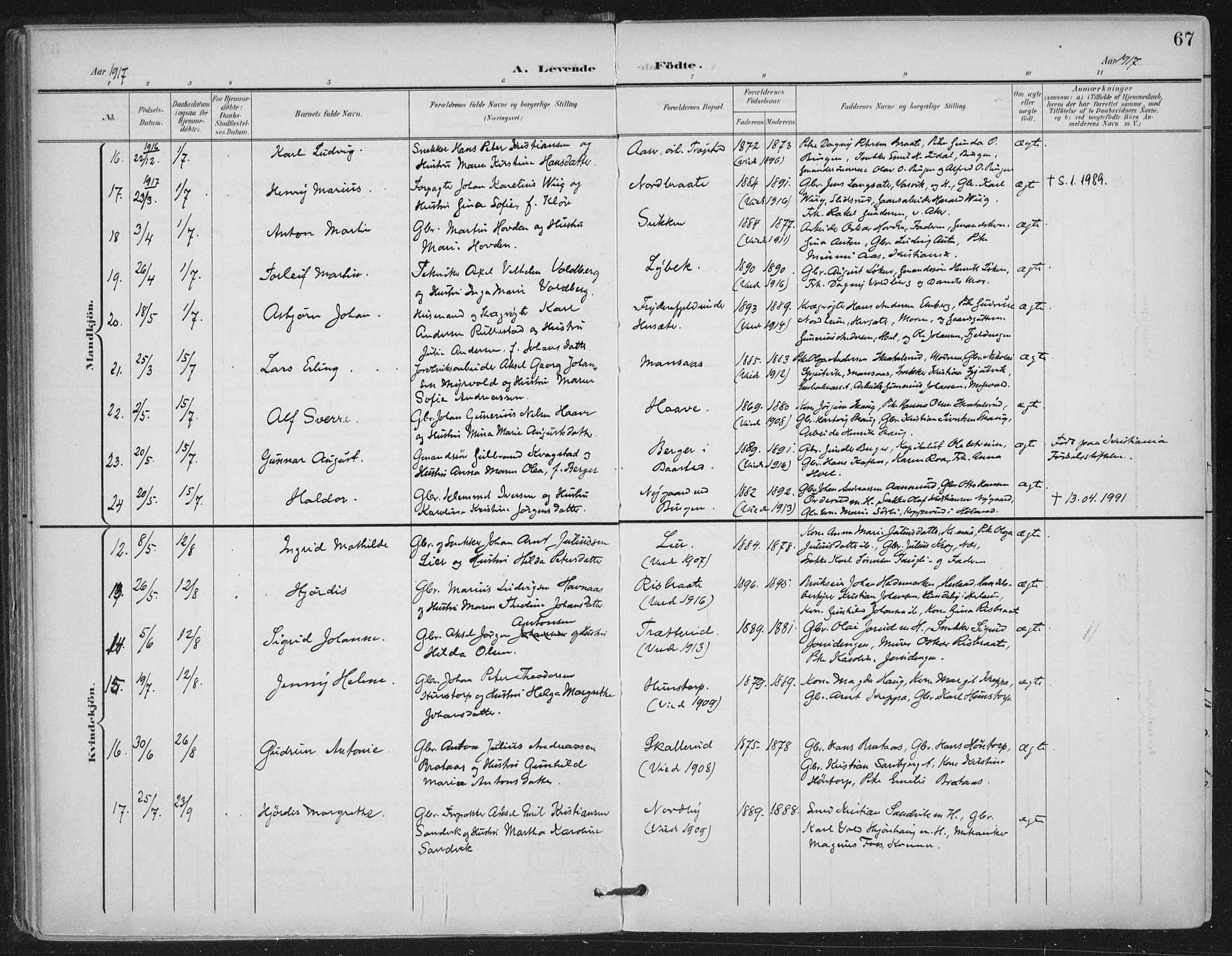 Trøgstad prestekontor Kirkebøker, AV/SAO-A-10925/F/Fa/L0011: Parish register (official) no. I 11, 1899-1919, p. 67