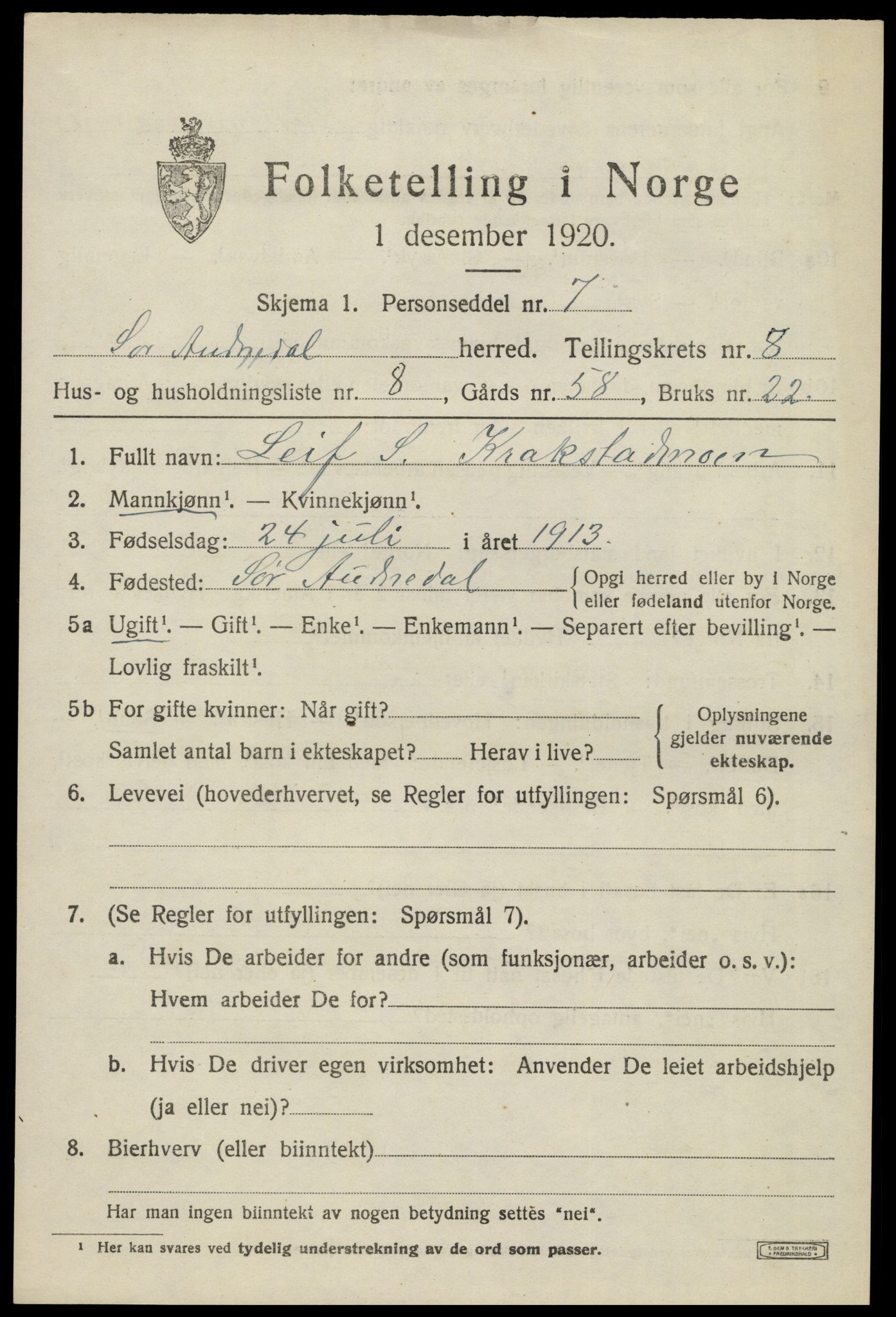 SAK, 1920 census for Sør-Audnedal, 1920, p. 3281