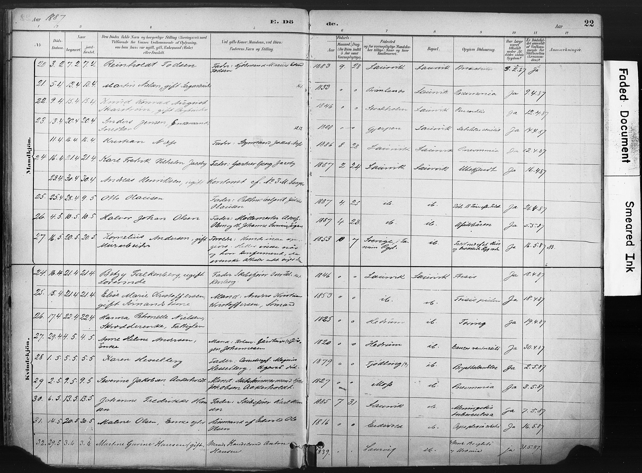 Larvik kirkebøker, AV/SAKO-A-352/F/Fa/L0010: Parish register (official) no. I 10, 1884-1910, p. 22