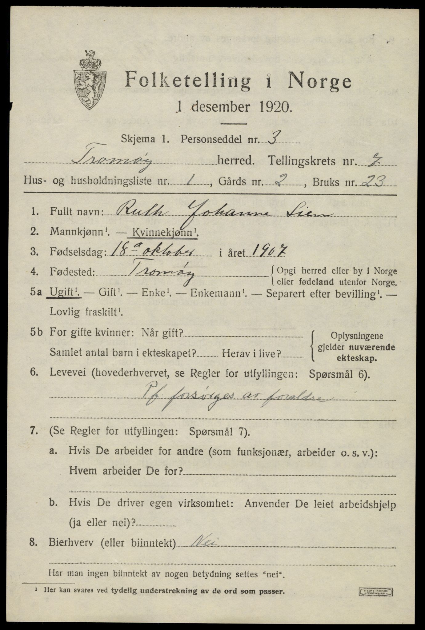 SAK, 1920 census for Tromøy, 1920, p. 4967