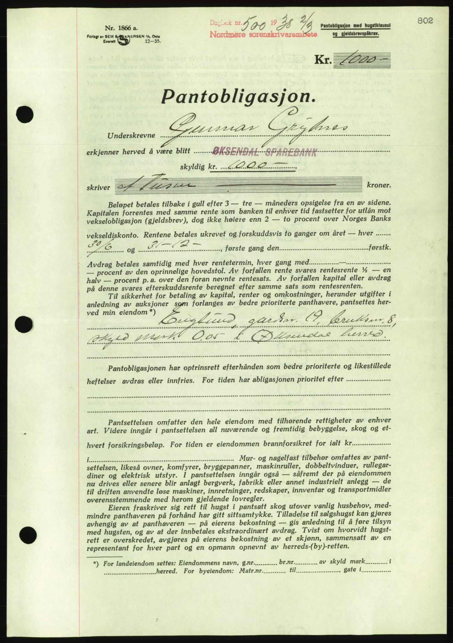 Nordmøre sorenskriveri, AV/SAT-A-4132/1/2/2Ca/L0092: Mortgage book no. B82, 1937-1938, Diary no: : 500/1938