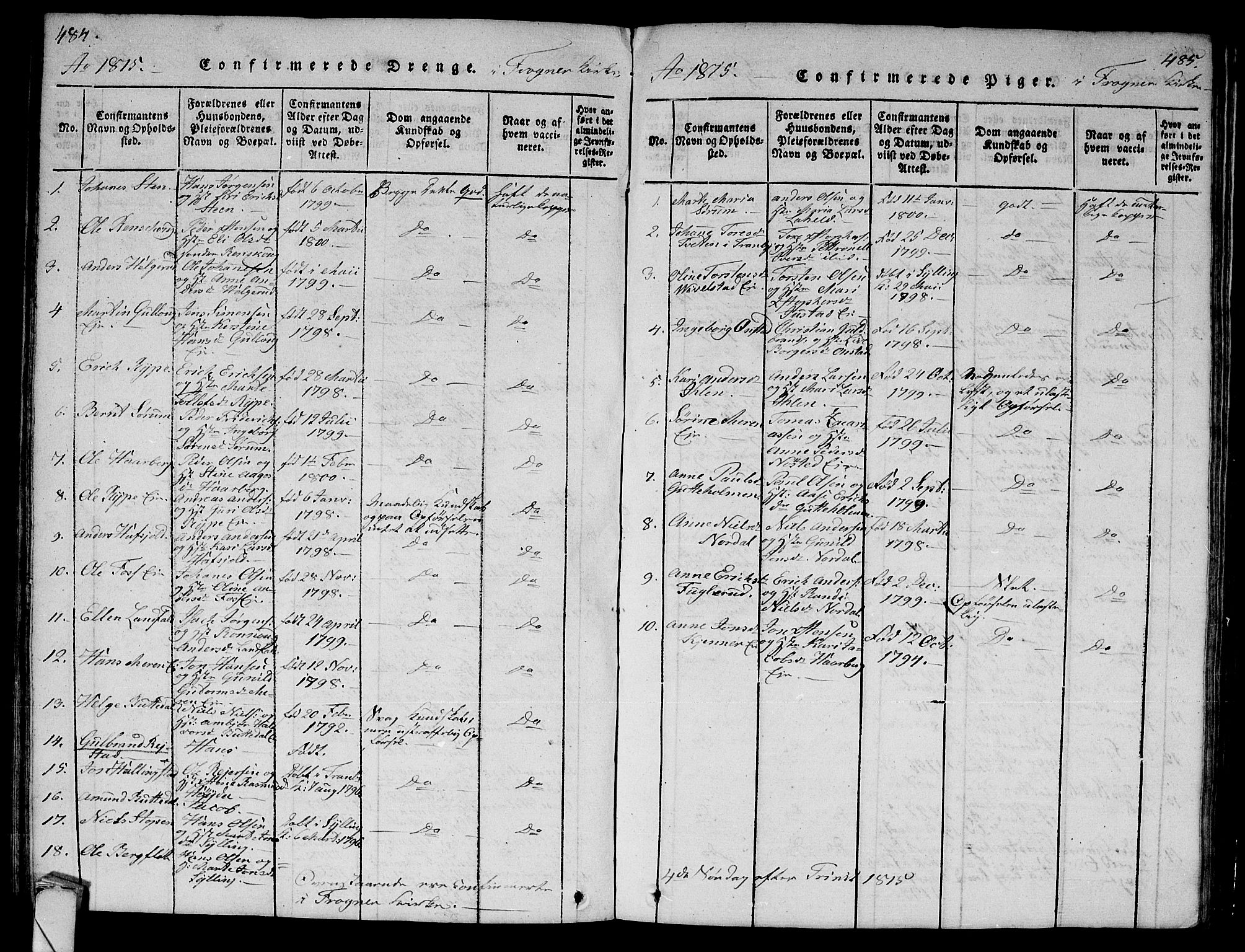 Lier kirkebøker, AV/SAKO-A-230/G/Ga/L0001: Parish register (copy) no. I 1, 1813-1824, p. 484-485